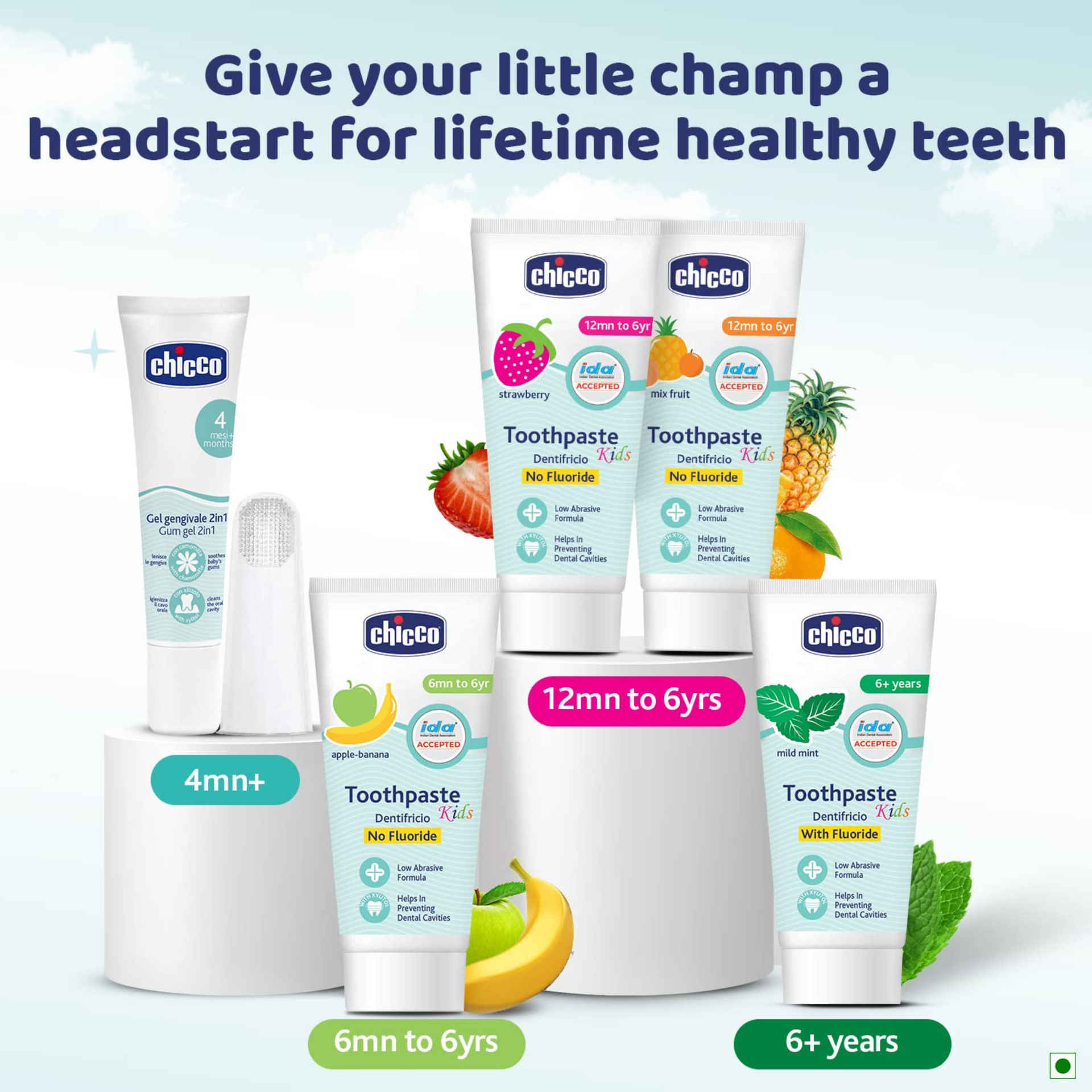 Chicco Toothpaste for Kids (6m-6y), Apple-Banana Flavour, 50g | Fluoride-Free | Removes Plaque, Helps Prevent Cavities