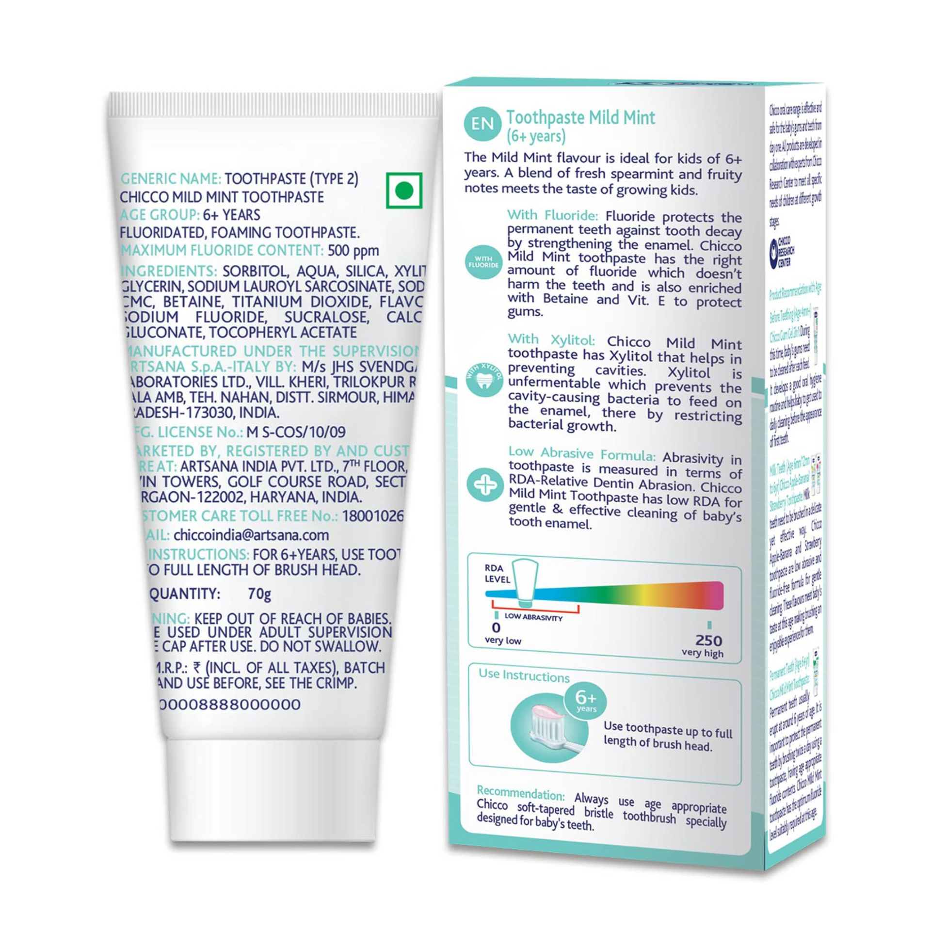 Chicco Toothpaste for Kids (6+ years), Mild Mint Flavour, 70g | With Fluoride to Remove Plaque, Helps Prevent Cavities