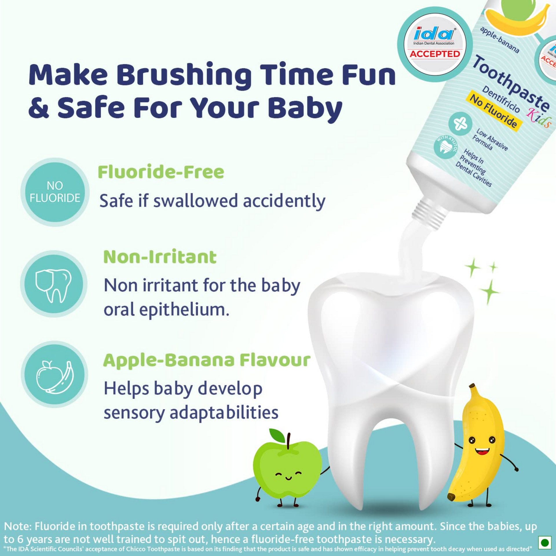 Chicco Toothpaste for Kids (6m-6y), Apple-Banana Flavour, 50g | Fluoride-Free | Removes Plaque, Helps Prevent Cavities