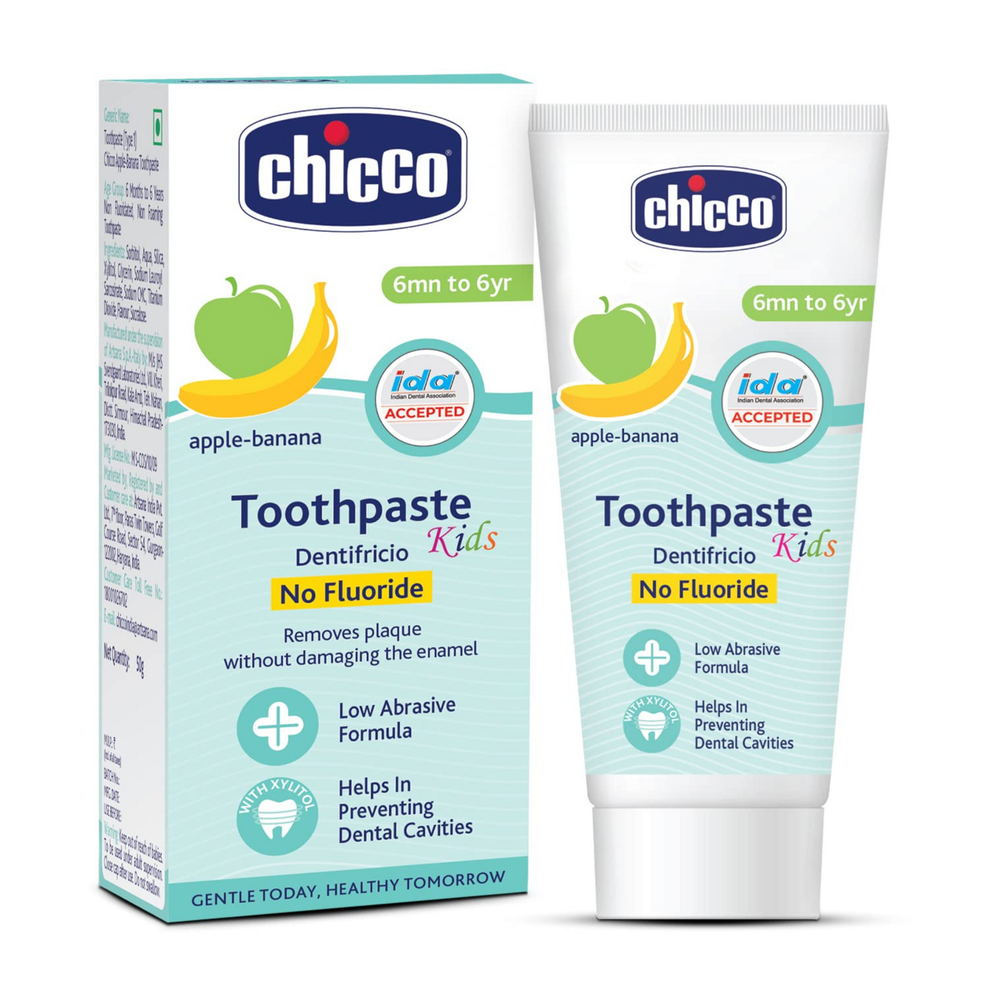 Chicco Toothpaste for Kids (6m-6y), Apple-Banana Flavour, 50g | Fluoride-Free | Removes Plaque, Helps Prevent Cavities