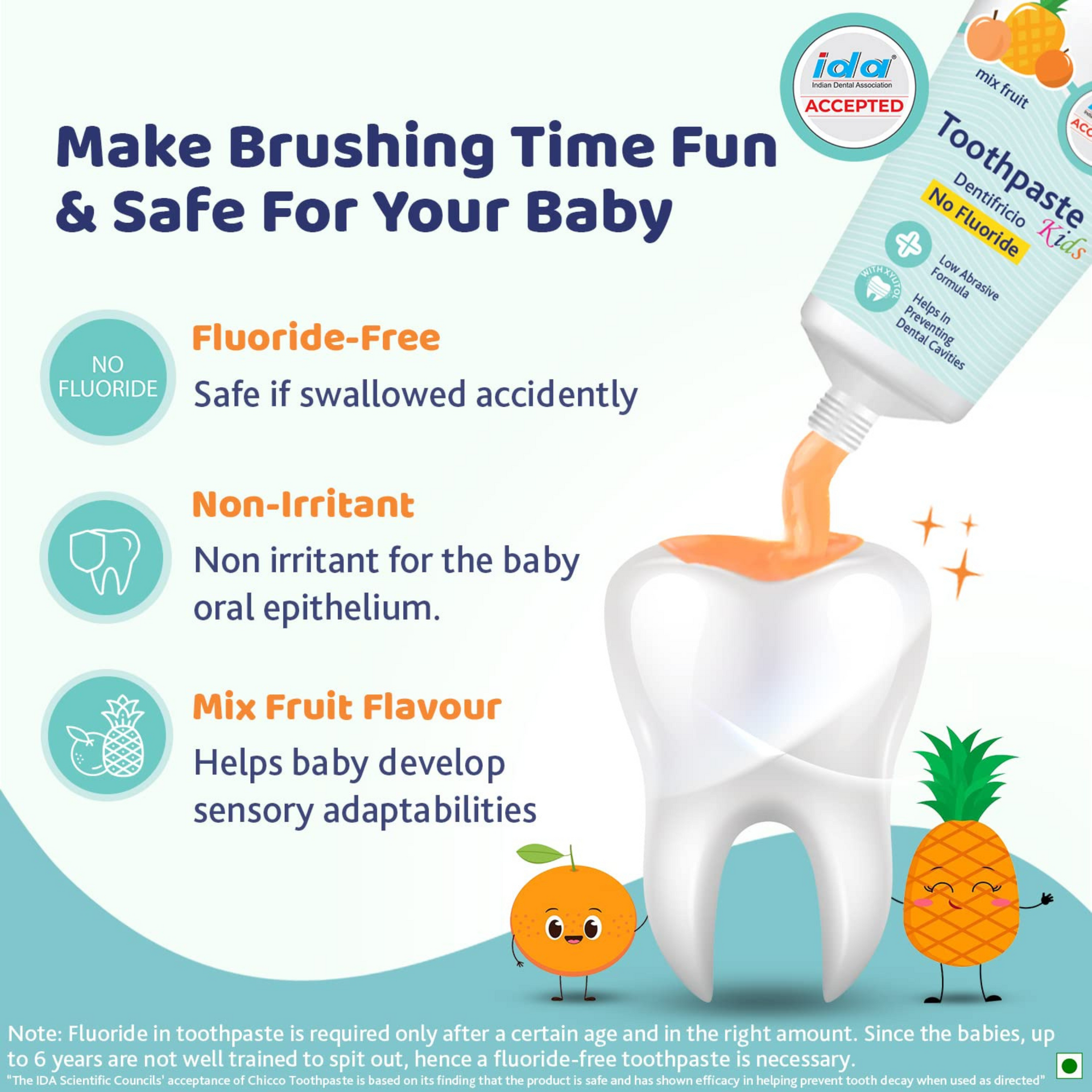 Chicco Toothpaste for Kids (1y-6y), Mix Fruit Flavour, 50g | Fluoride-Free | Removes Plaque, Helps Prevent Cavities