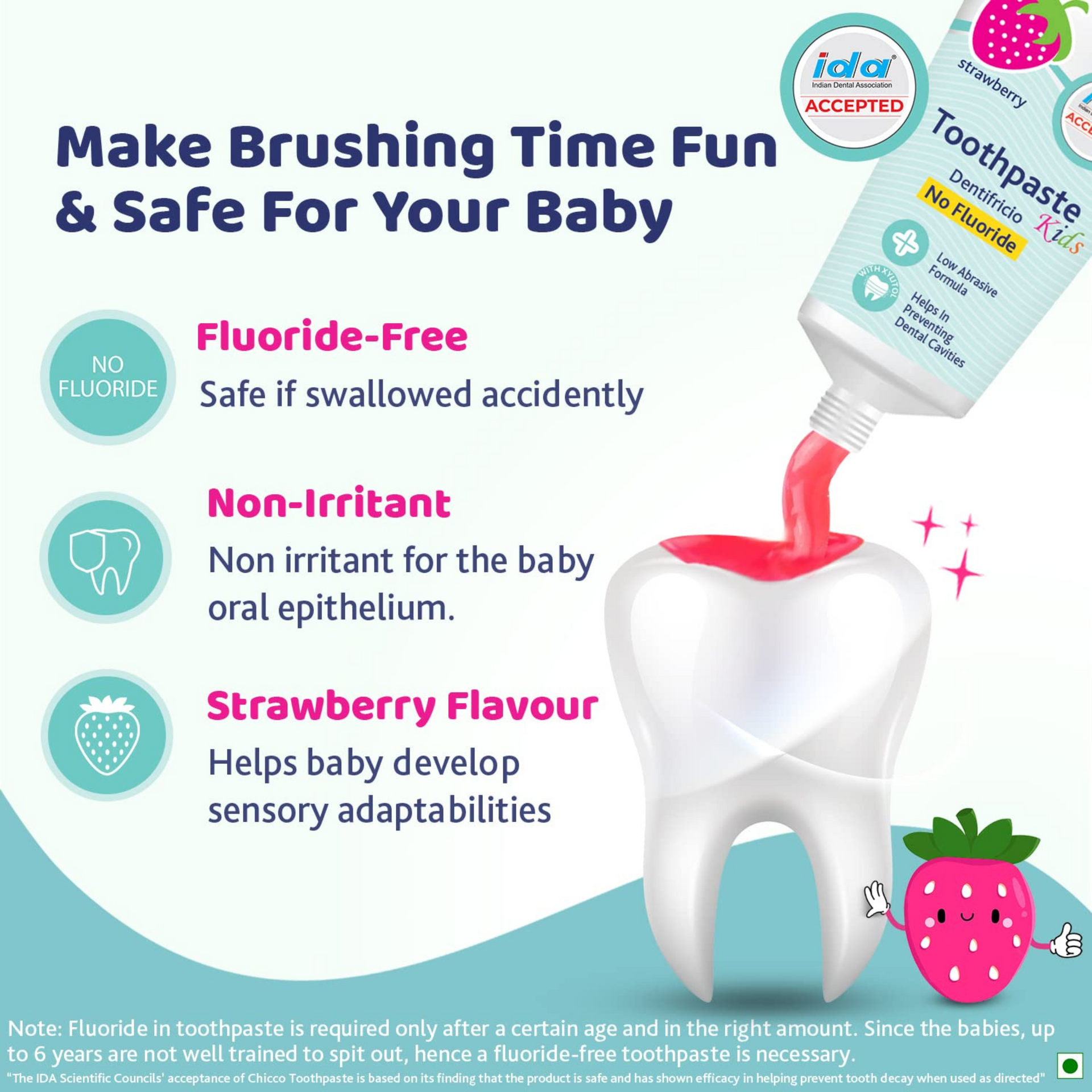 Chicco Toothpaste for Kids (1y-6y), Strawberry Flavour, 50g | Fluoride-Free | Removes Plaque, Helps Prevent Cavities