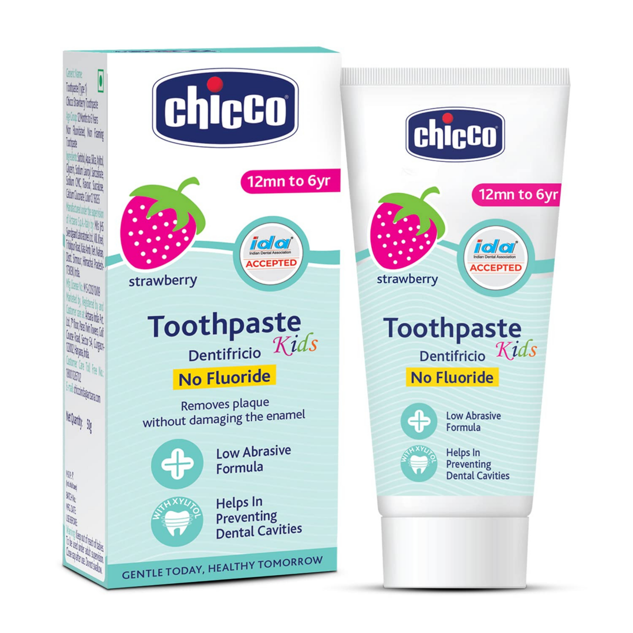 Chicco Toothpaste for Kids (1y-6y), Strawberry Flavour, 50g | Fluoride-Free | Removes Plaque, Helps Prevent Cavities