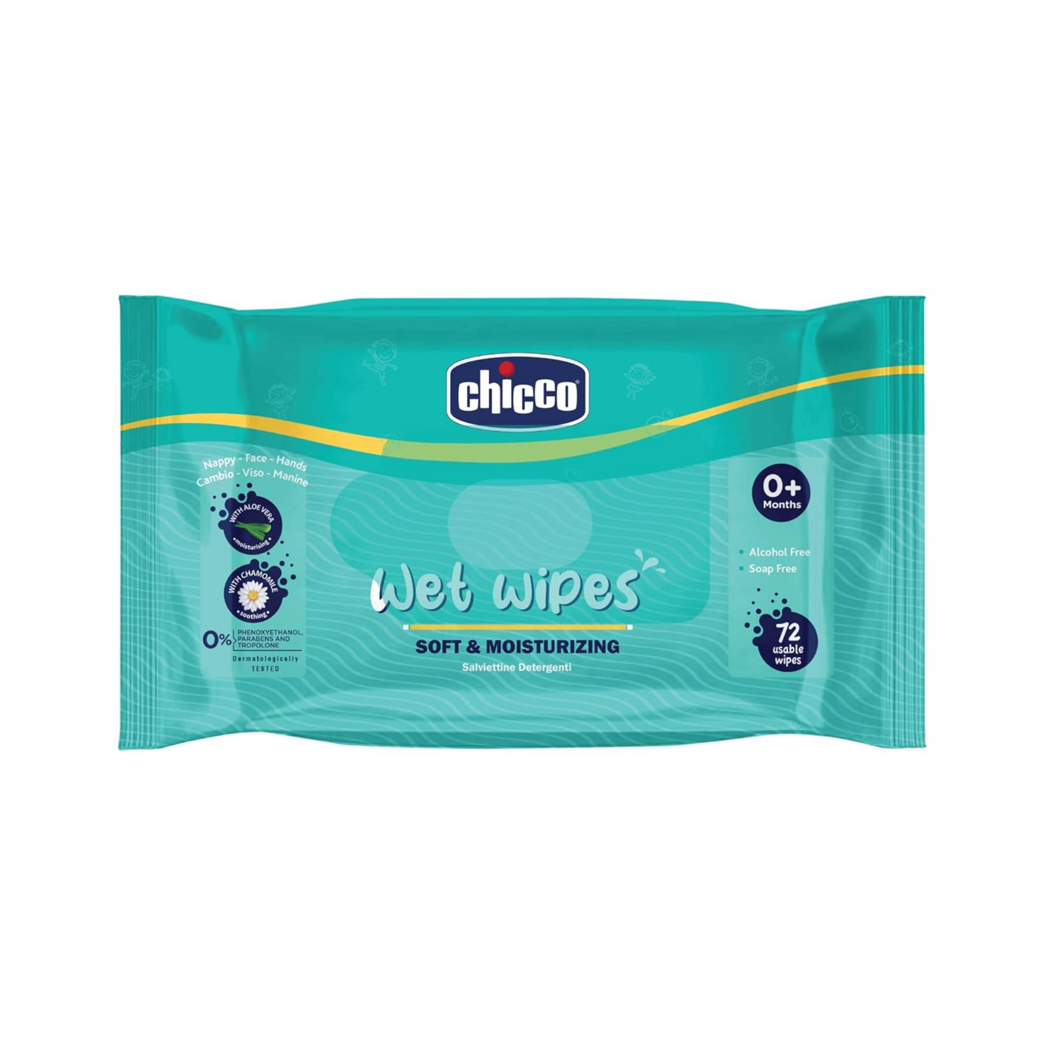 Chicco Soft and Moisturising Baby Wet Wipes, 72 Pieces, Resealable Sticker Pack | Baby Wipes for Nappy, Face and Hands | Dermatologically Tested | No Phenoxyethanol, Parabens or Alcohol