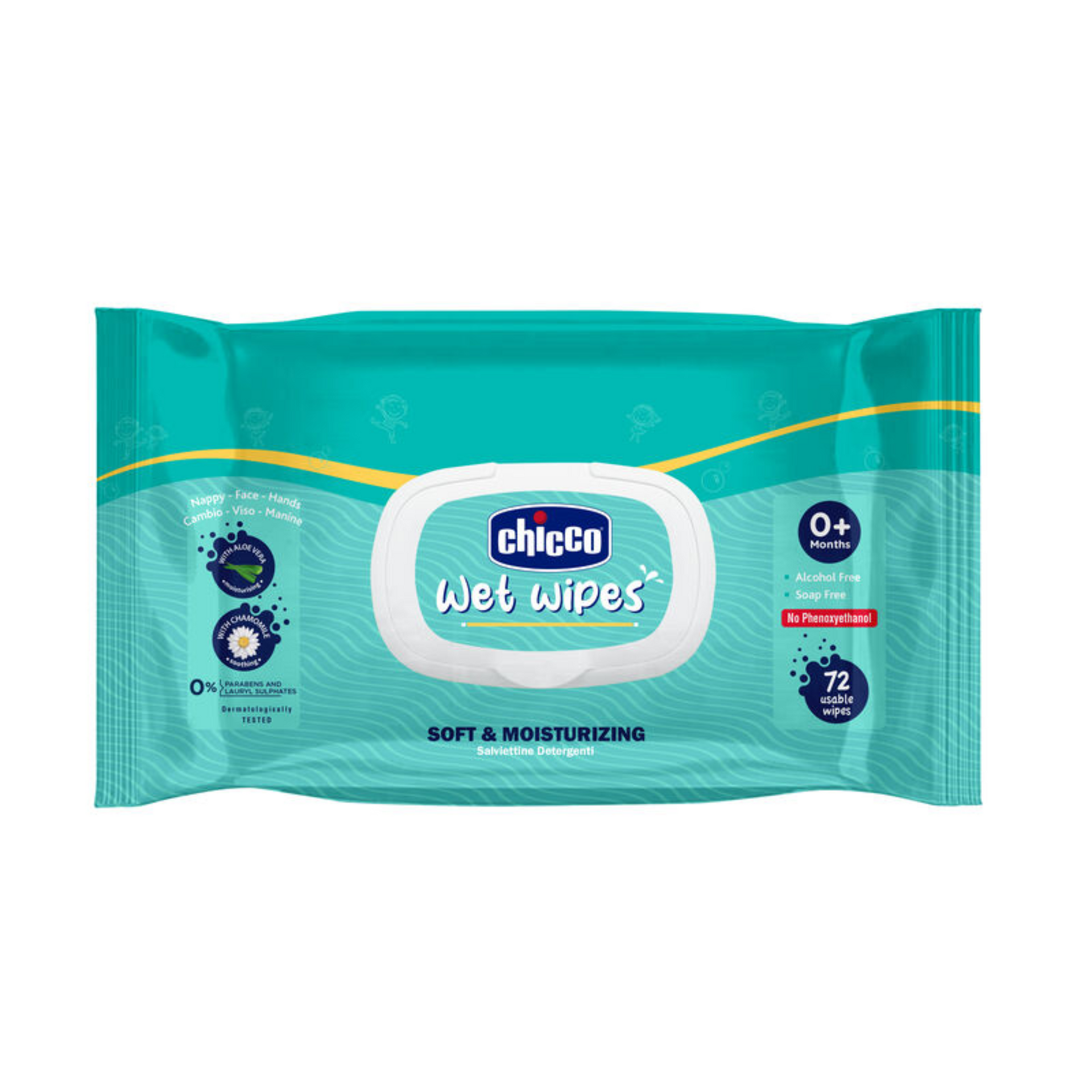 Chicco Soft and Moisturising Baby Wet Wipes, 72 Pieces, Resealable Sticker Pack | Baby Wipes for Nappy, Face and Hands | Dermatologically Tested | No Phenoxyethanol, Parabens or Alcohol