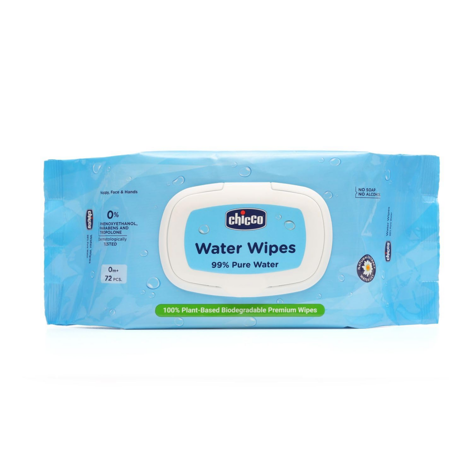 Chicco 99% Pure Water Baby Wipes, 72 Pieces, Fliptop Pack | 100% Plant Based Biodegradable Wet Wipes for Nappy, Face and Hands | Dermatologically Tested | No Phenoxyethanol, Parabens or Alcohol