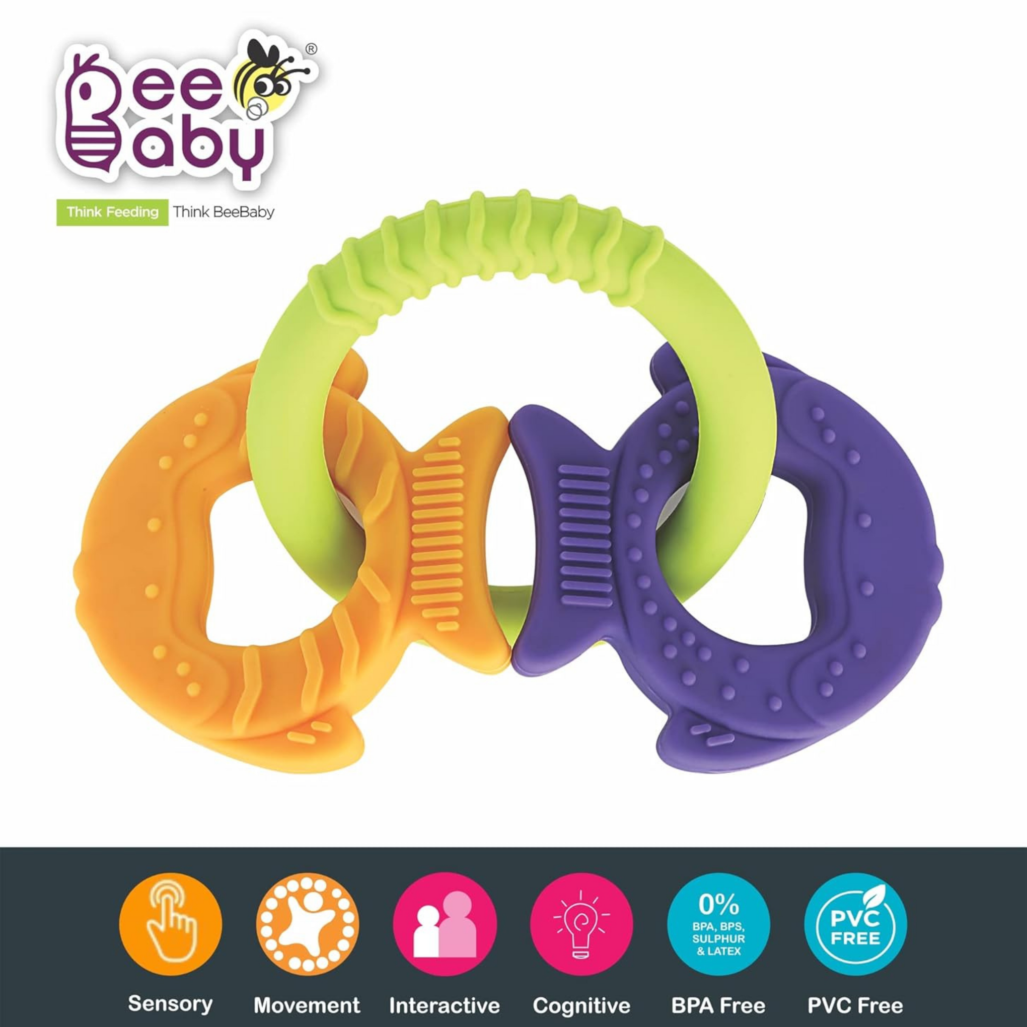 BeeBaby Chewy Trinkets Soft Silicone Teether for 6 to 12 Months Baby, BPA Free Teething Toy for Babies with Multiple Textured Surface for Soothing Gums. 100% Food Grade (Goldfish Shape)