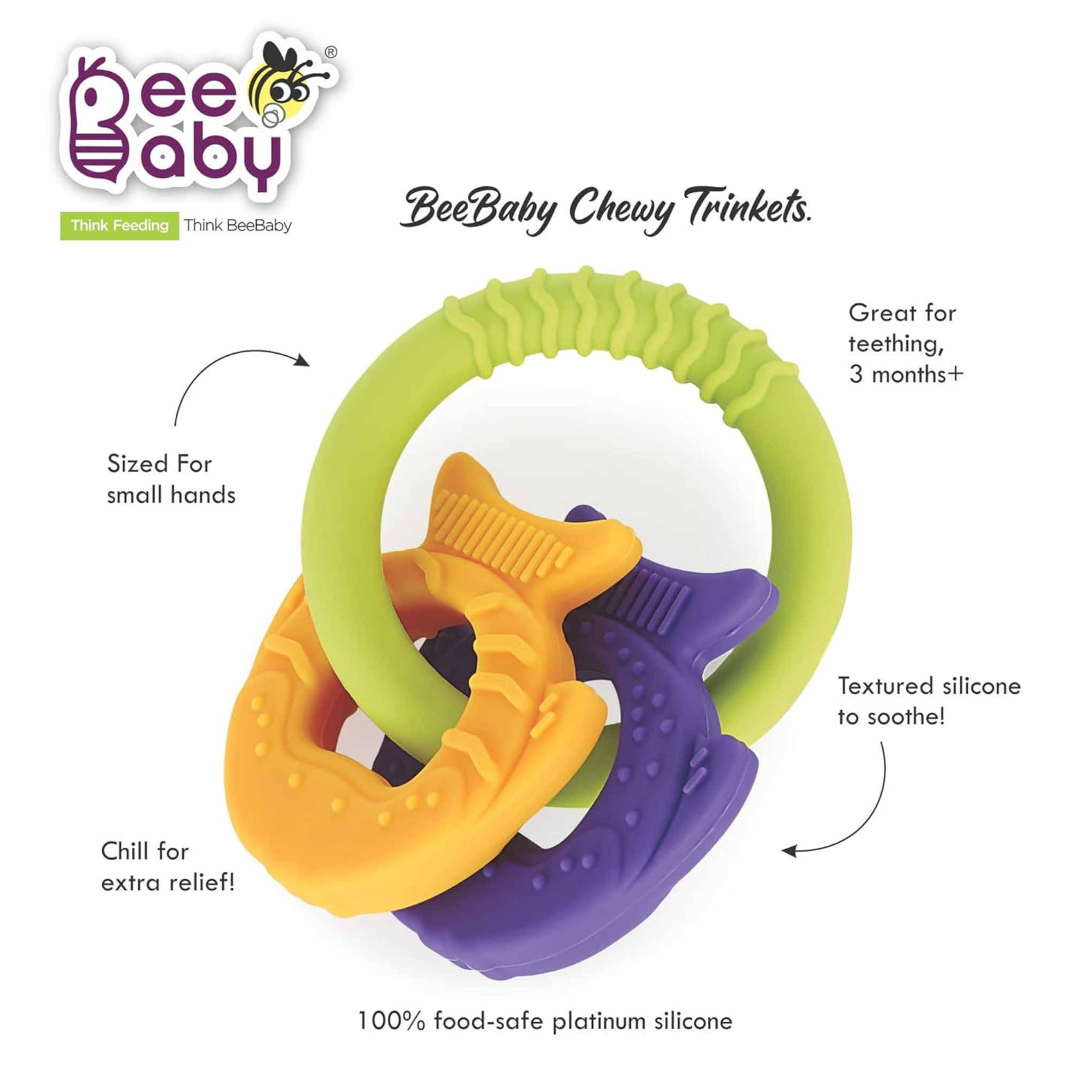 BeeBaby Chewy Trinkets Soft Silicone Teether for 6 to 12 Months Baby, BPA Free Teething Toy for Babies with Multiple Textured Surface for Soothing Gums. 100% Food Grade (Goldfish Shape)