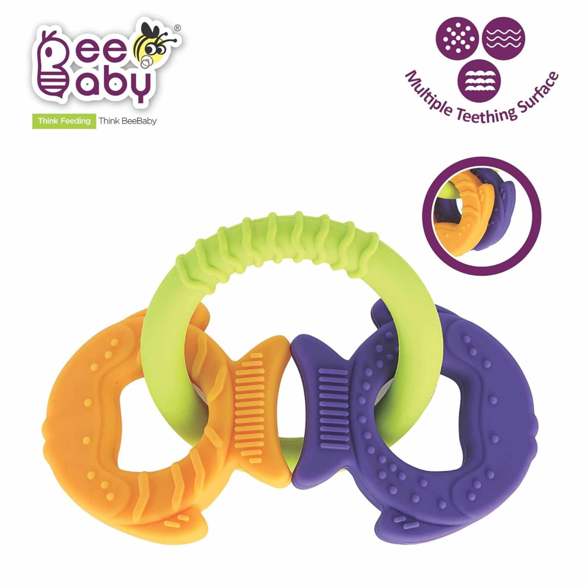 BeeBaby Chewy Trinkets Soft Silicone Teether for 6 to 12 Months Baby, BPA Free Teething Toy for Babies with Multiple Textured Surface for Soothing Gums. 100% Food Grade (Goldfish Shape)