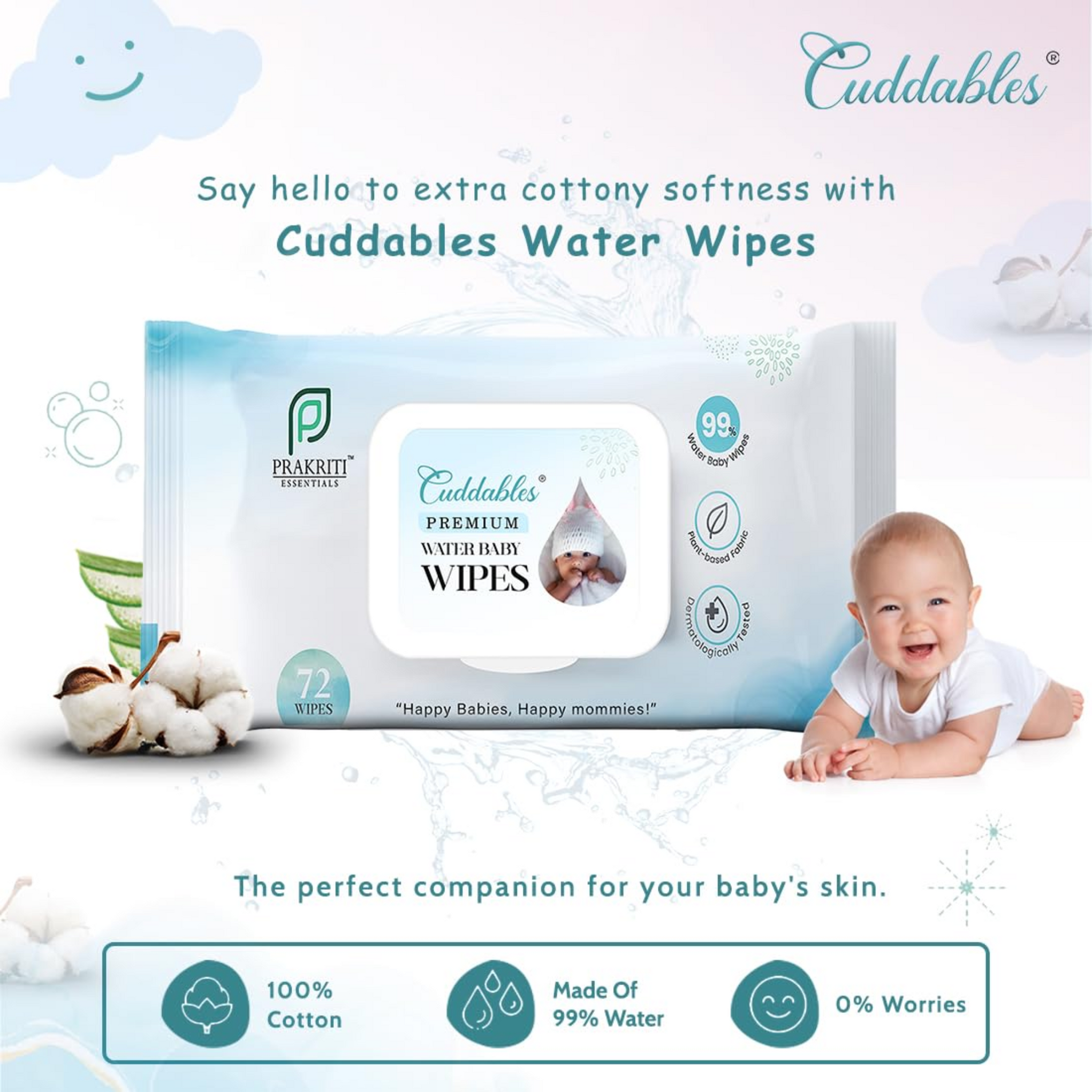 Cuddables 99% Premium Water Baby Wipes, (72 Pcs)(Pack of 1), Natural Super thick Plant made cloth Wipes, Baby Cotton Wipe for Babies