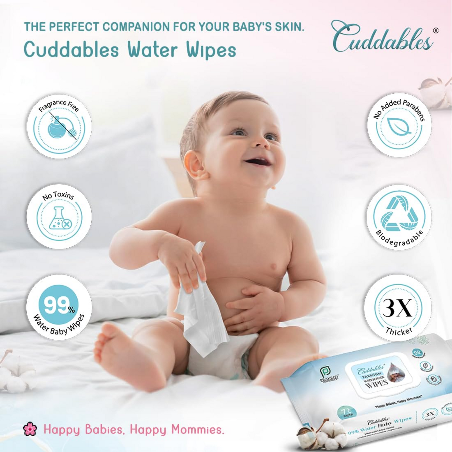 Cuddables 99% Premium Water Baby Wipes, (72 Pcs)(Pack of 1), Natural Super thick Plant made cloth Wipes, Baby Cotton Wipe for Babies