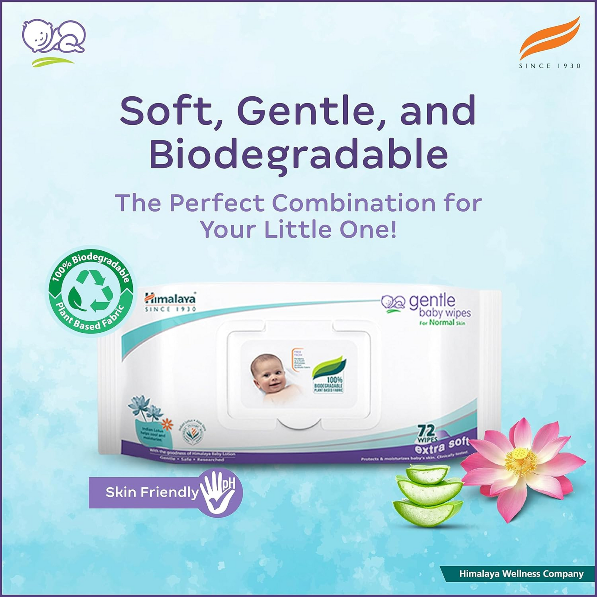 Himalaya Gentle Baby Wipes |100% Biodegradable Plant-based fabric | Indian Lotus & Aloe Vera | Extra Soft