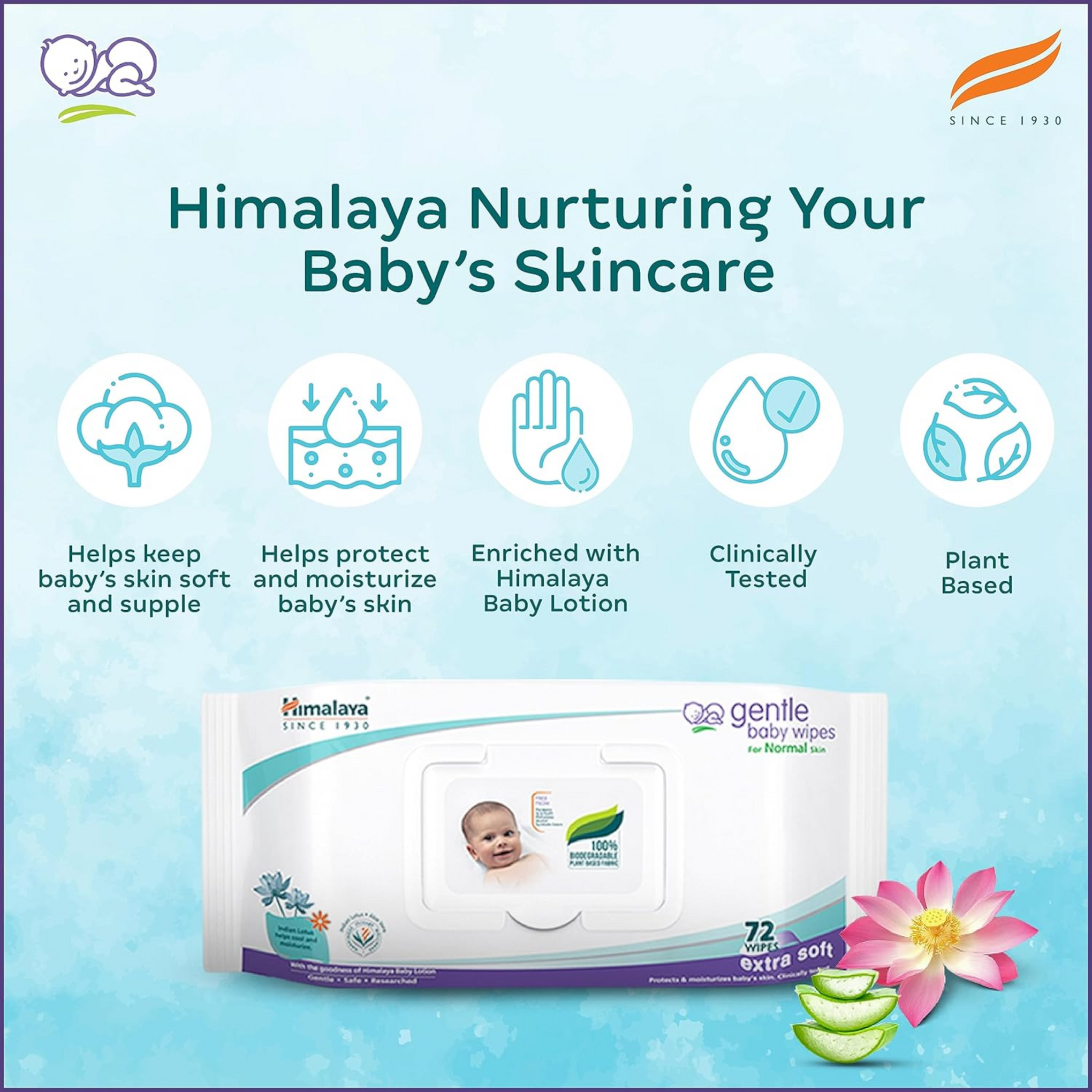 Himalaya Gentle Baby Wipes |100% Biodegradable Plant-based fabric | Indian Lotus & Aloe Vera | Extra Soft