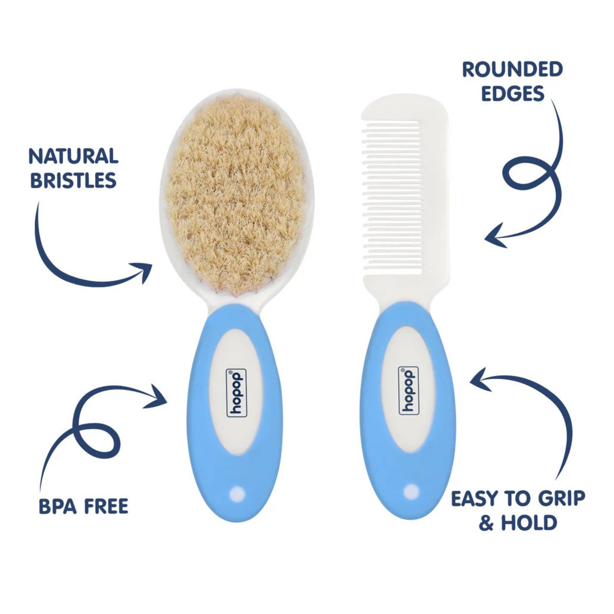 Hopop Natural Soft Bristle Hair Brush & Rounded Teeth Comb Set (2005B)