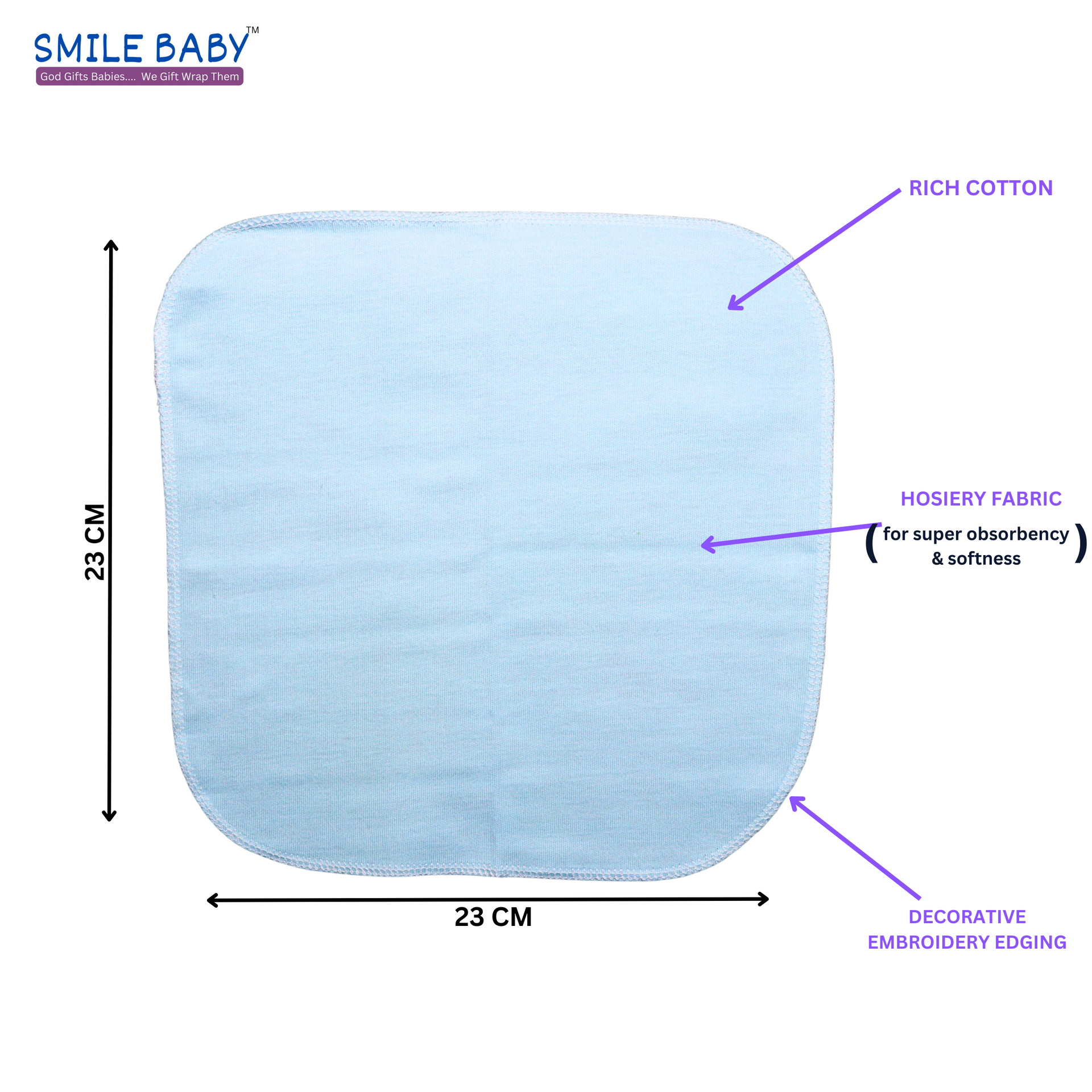 Smile Baby Washcloth for New Born 100% Hosiery Cotton/Reusable Extra Soft Face Towels washcloth for Babies (7 pieces) Color may vary (Pack of 1)