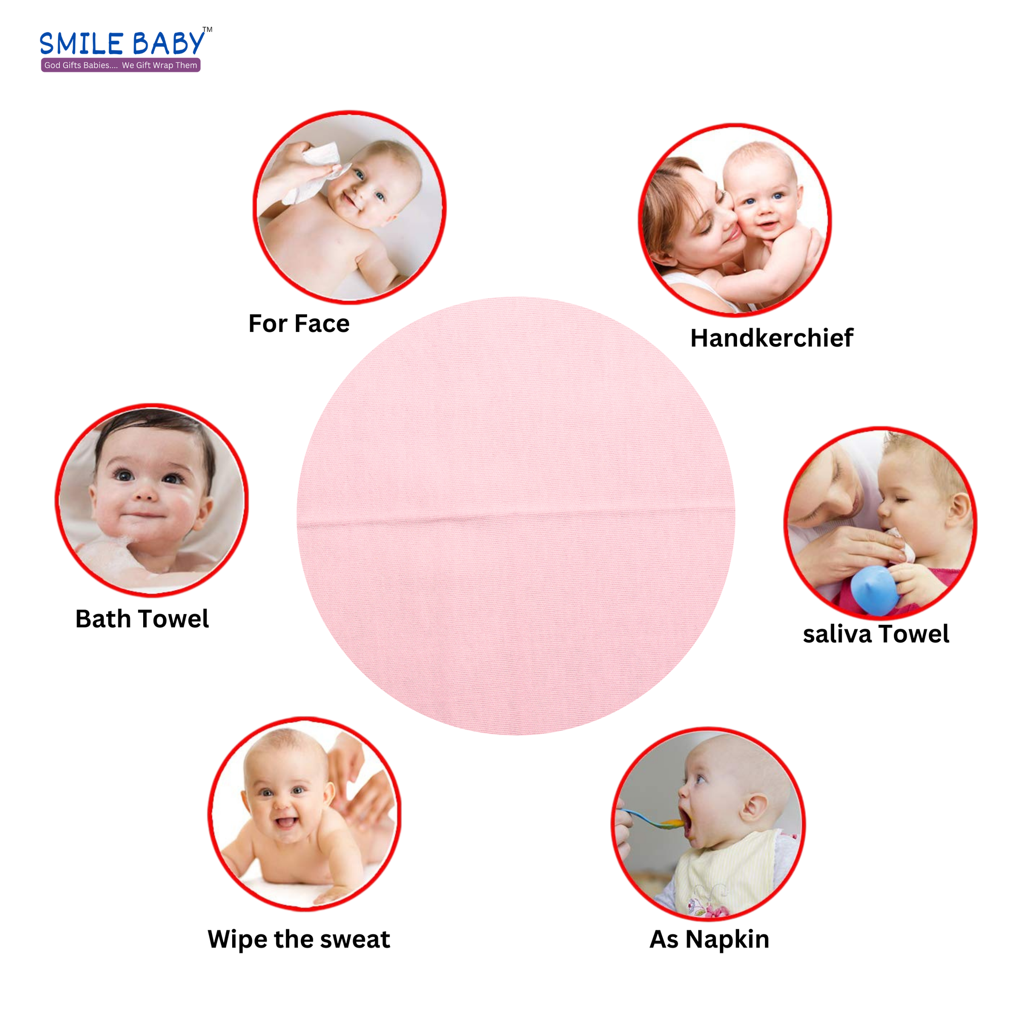 Smile Baby Washcloth for New Born 100% Hosiery Cotton/Reusable Extra Soft Face Towels washcloth for Babies (7 pieces) Color may vary (Pack of 1)