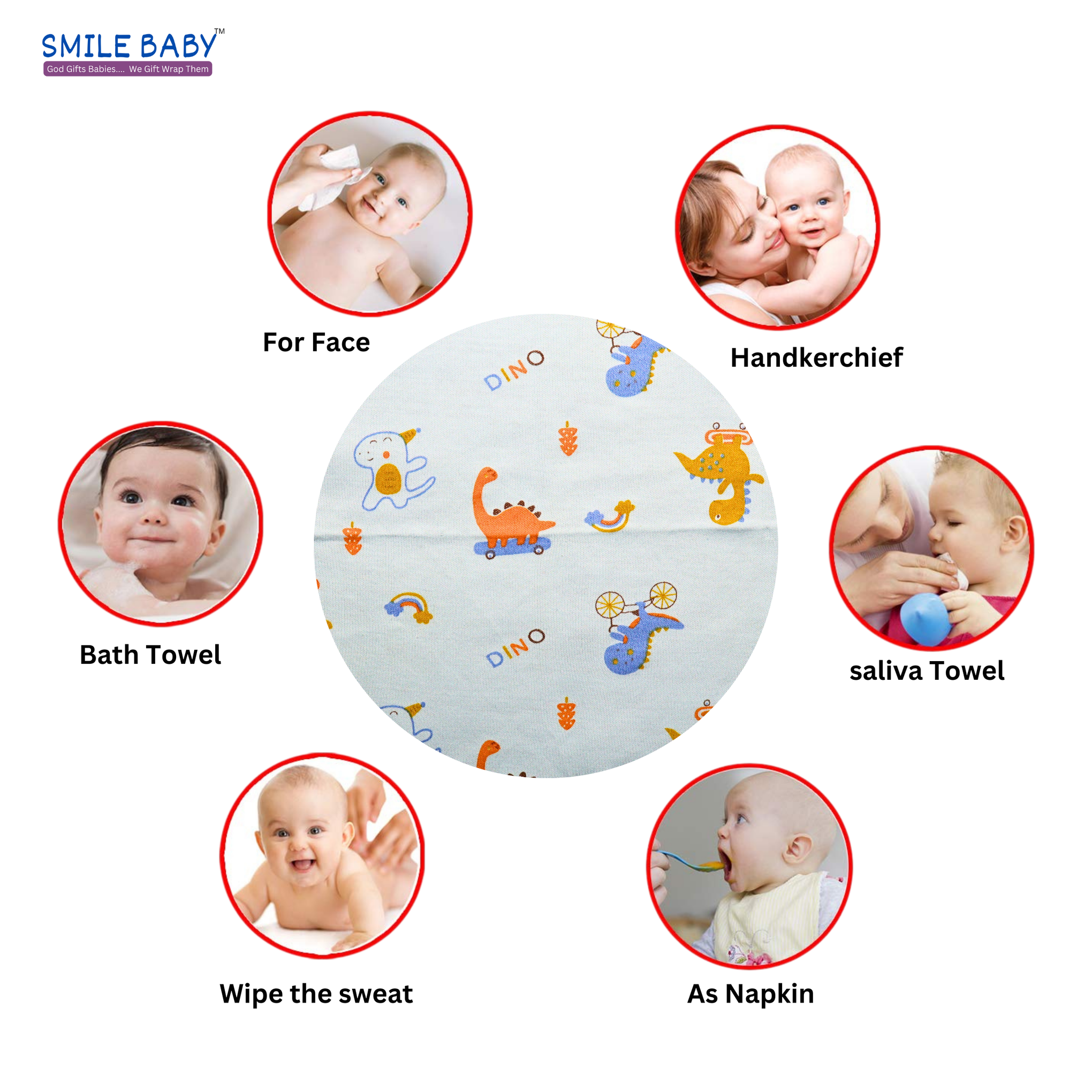 Smile Baby Face Napkin for New Born | Washable, Reusable Extra Soft Baby Face Napkin (7 pieces) Multi Color Pack of 1