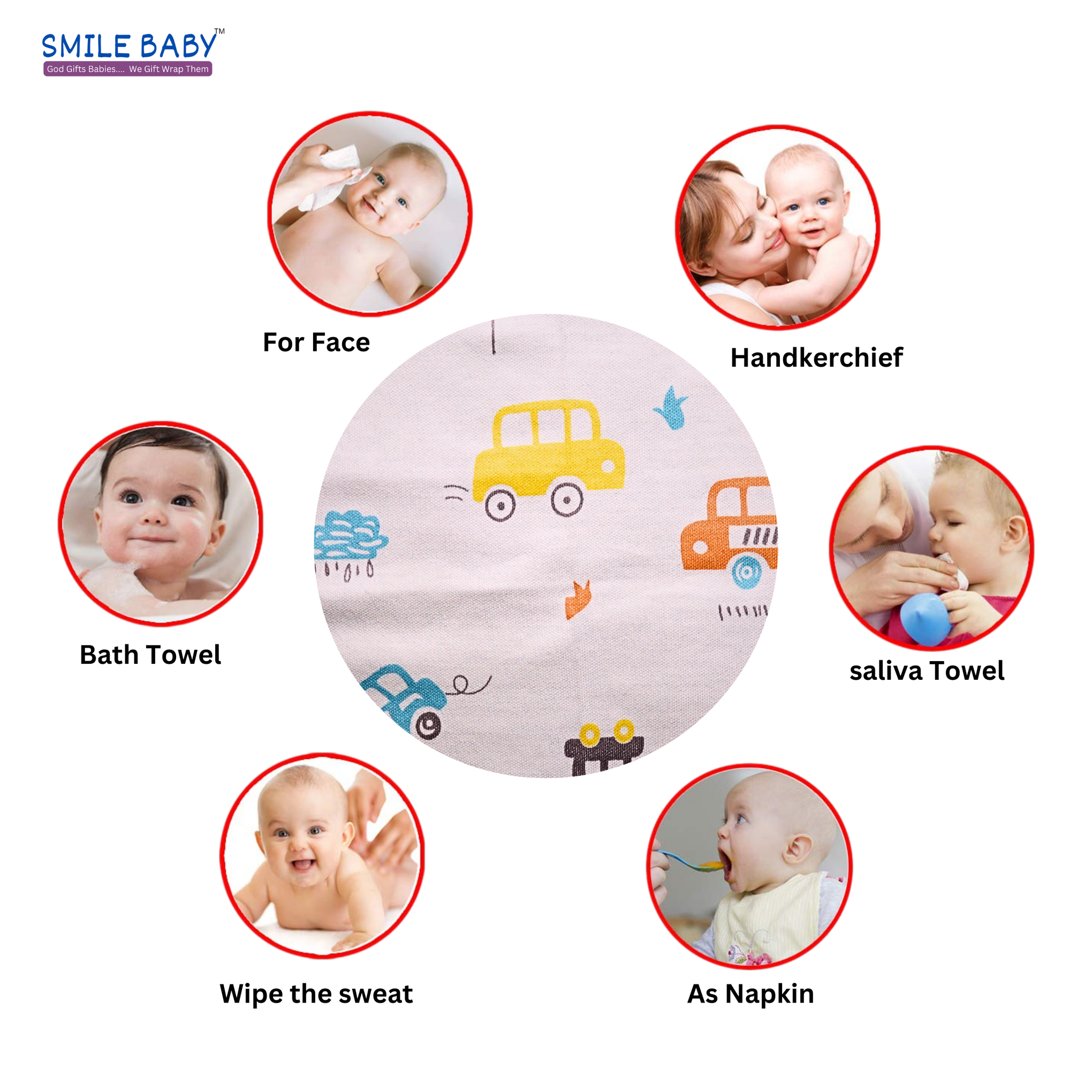 Smile Baby Face Napkin for New Born | Washable, Reusable Extra Soft Baby Face Napkin (7 pieces) White Color Pack of 1