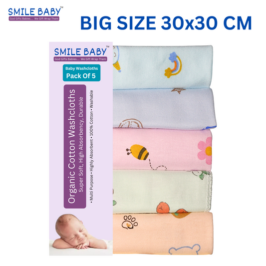 Smile Baby Washcloth for New Born 100% Hosiery Cotton/Reusable Extra Soft Face Towels washcloth for Babies (5 pieces) Color may vary (Pack of 1)