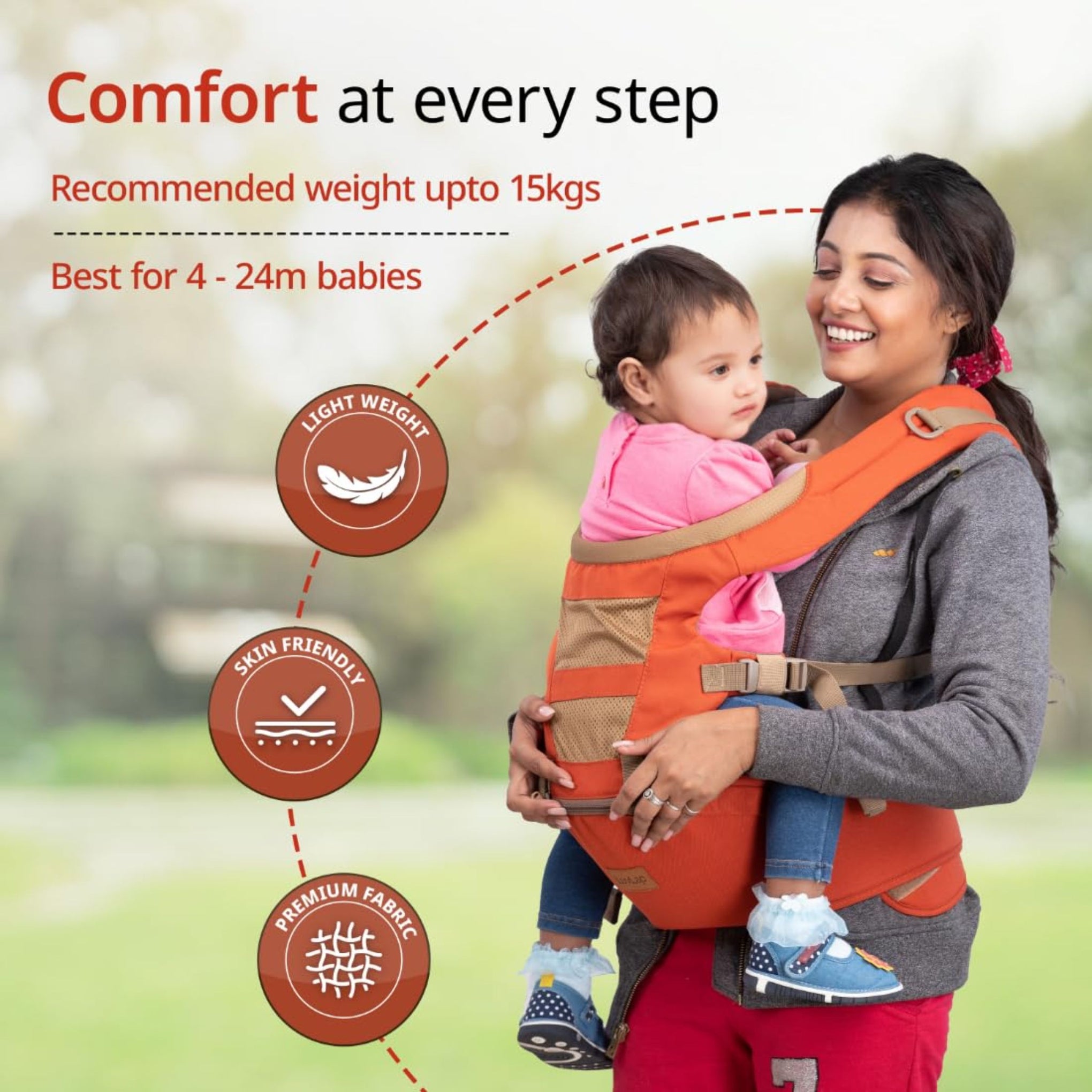 LuvLap Royal Hip Seat Baby Carrier with 4 Carry Positions, Baby Carrier with Hip seat for 6 to 24 Months Baby, Adjustable New-Born to Toddler Carrier, Max Weight Up to 15 Kgs (Orange)