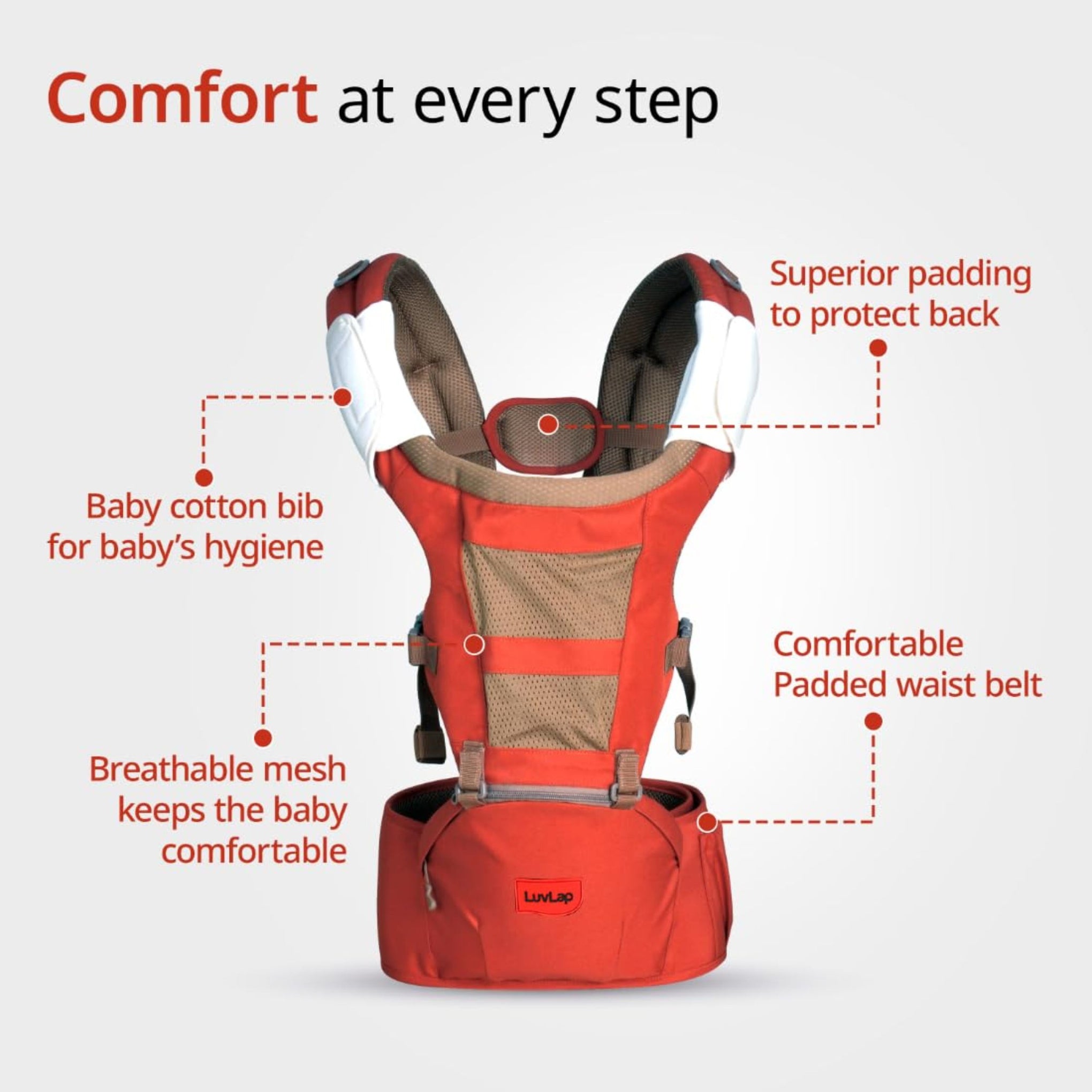 LuvLap Royal Hip Seat Baby Carrier with 4 Carry Positions, Baby Carrier with Hip seat for 6 to 24 Months Baby, Adjustable New-Born to Toddler Carrier, Max Weight Up to 15 Kgs (Orange)