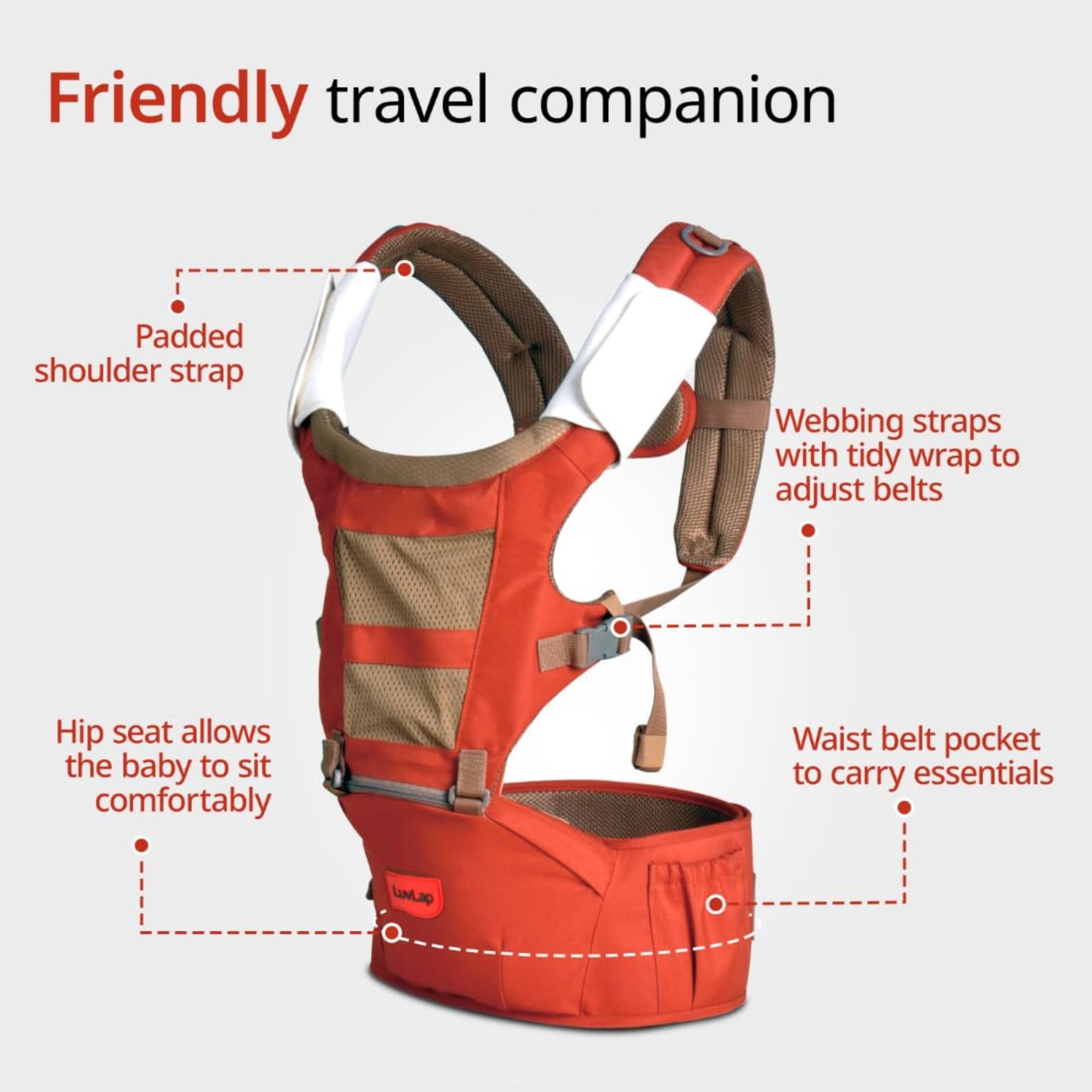 LuvLap Royal Hip Seat Baby Carrier with 4 Carry Positions, Baby Carrier with Hip seat for 6 to 24 Months Baby, Adjustable New-Born to Toddler Carrier, Max Weight Up to 15 Kgs (Orange)