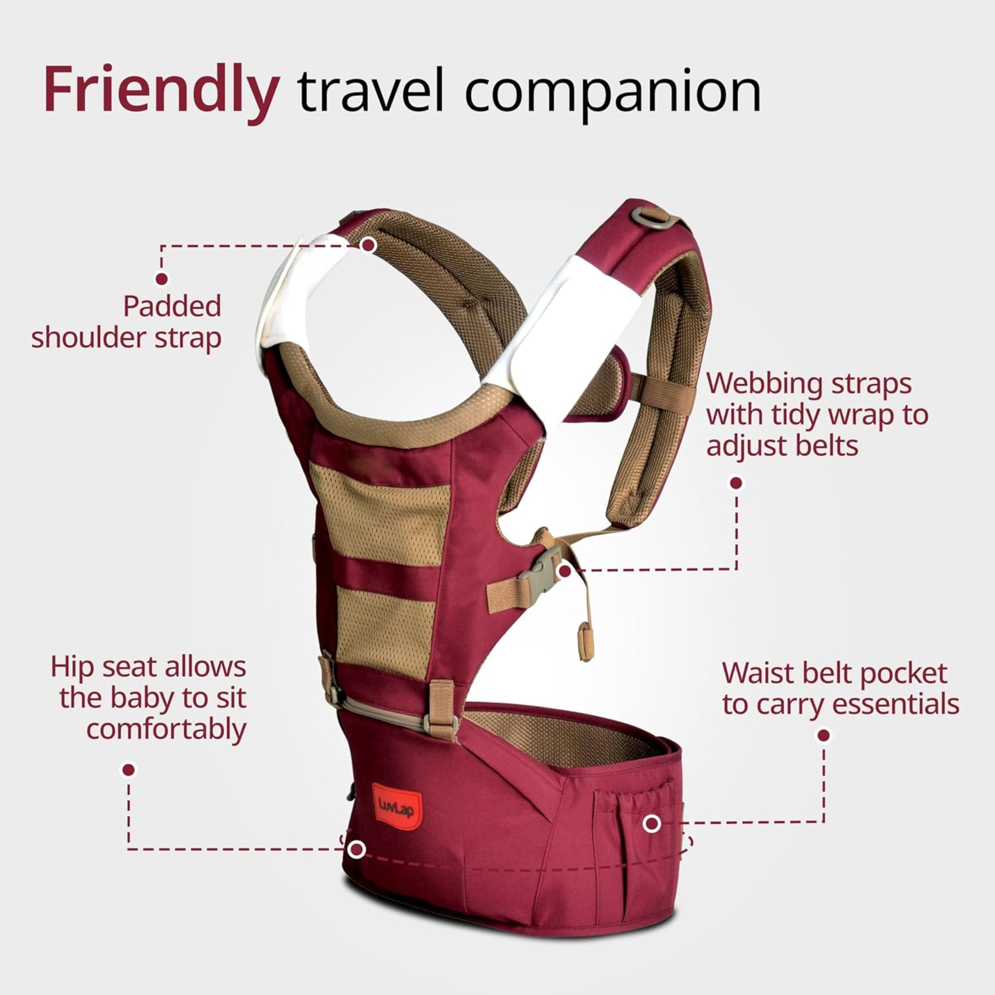 LuvLap Royal Hip Seat Baby Carrier with 4 Carry Positions, Baby Carrier with Hip seat for 6 to 24 Months Baby, Adjustable New-Born to Toddler Carrier, Max Weight Up to 15 Kgs (Purple)