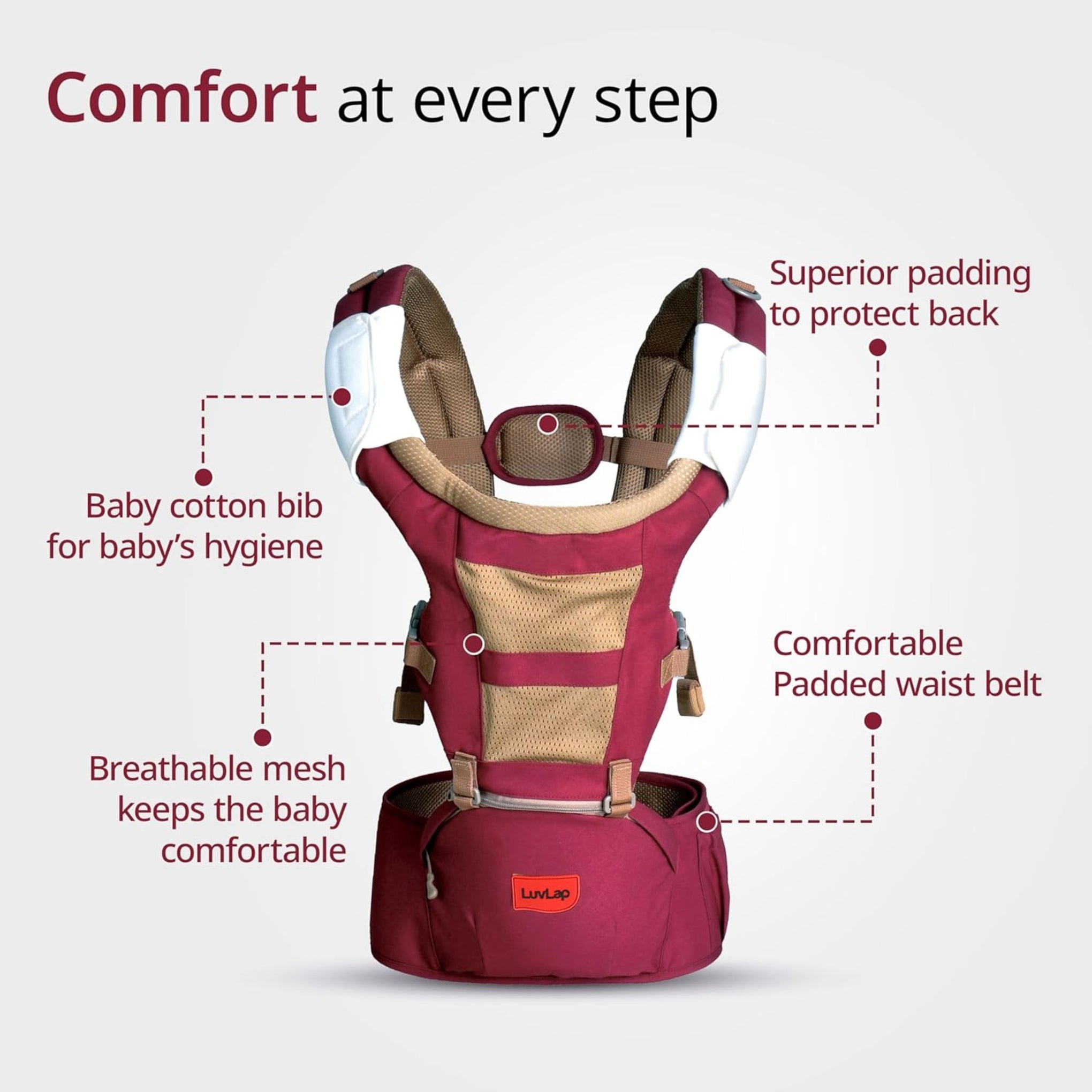 LuvLap Royal Hip Seat Baby Carrier with 4 Carry Positions, Baby Carrier with Hip seat for 6 to 24 Months Baby, Adjustable New-Born to Toddler Carrier, Max Weight Up to 15 Kgs (Purple)