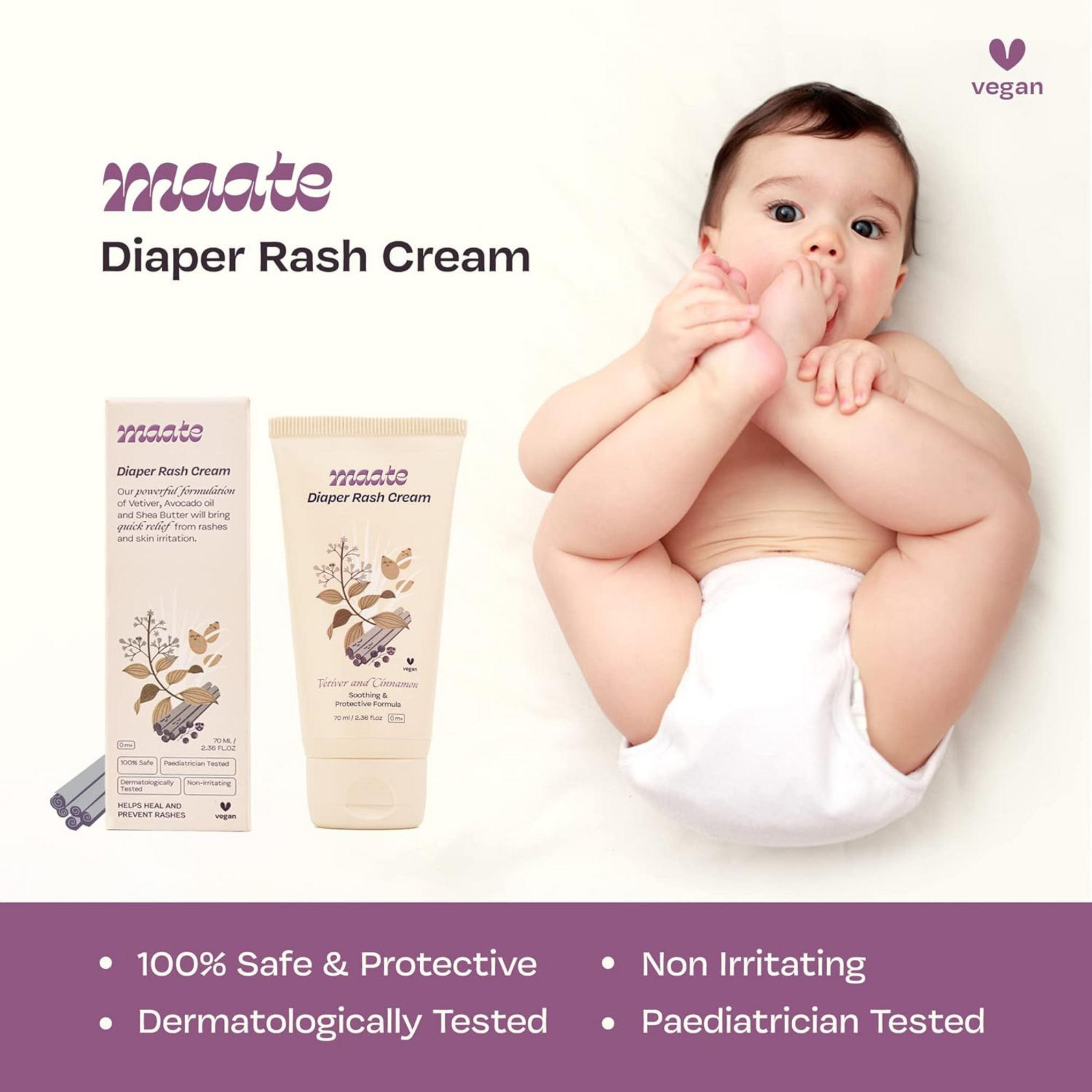 Maate Diaper Rash Cream for Baby 70gm | Enriched with Vetiver, Cinnamon, and Rosemary Oils | Treats & Heals Diaper Rashes & Infection | Diaper Cream for Baby | Pediatrician & Dermatologically Tested