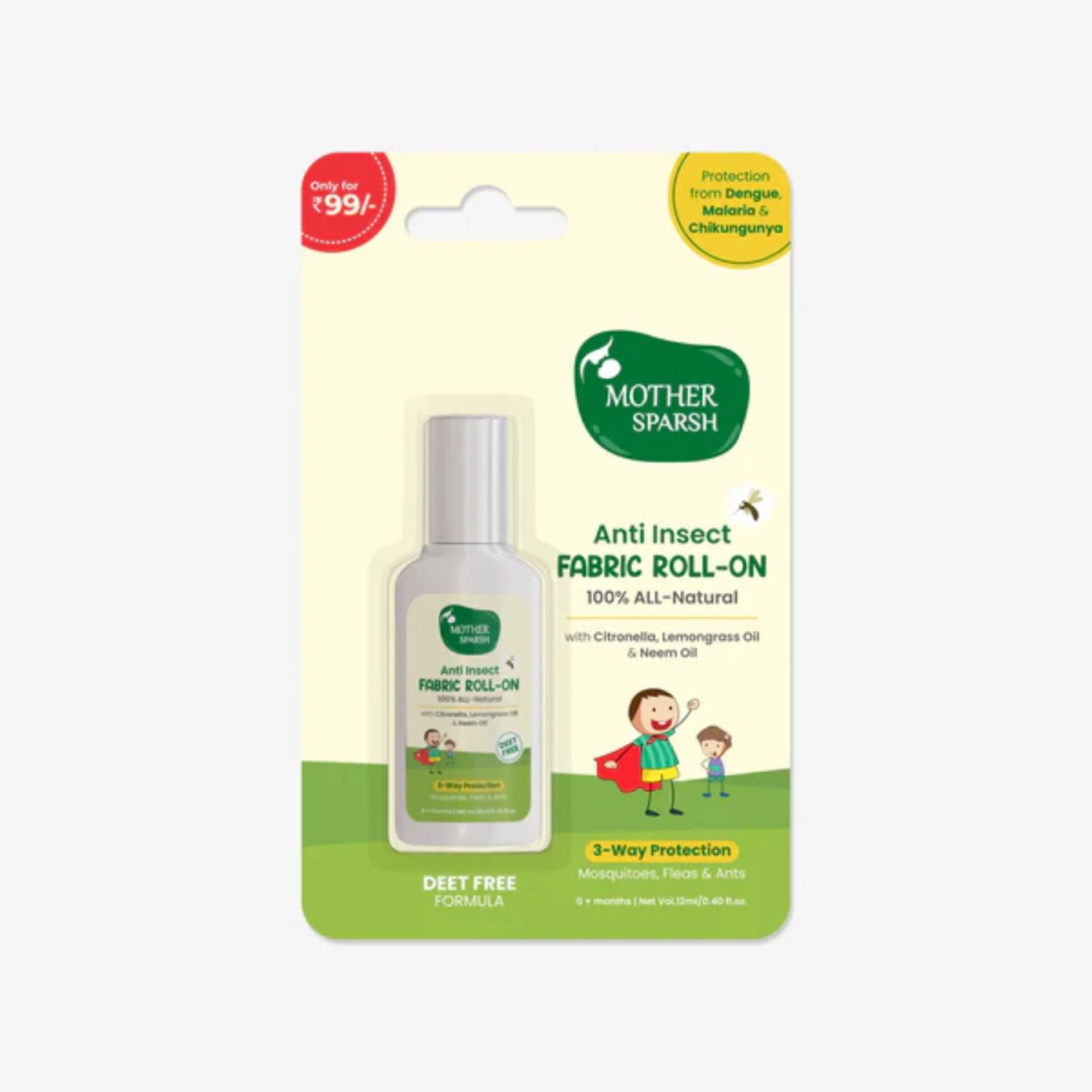 Mother Sparsh Natural Mosquito Repellent Fabric Roll-on for Babies, 3-Way Protection from Mosquitoes, Fleas and Ants (12ml )