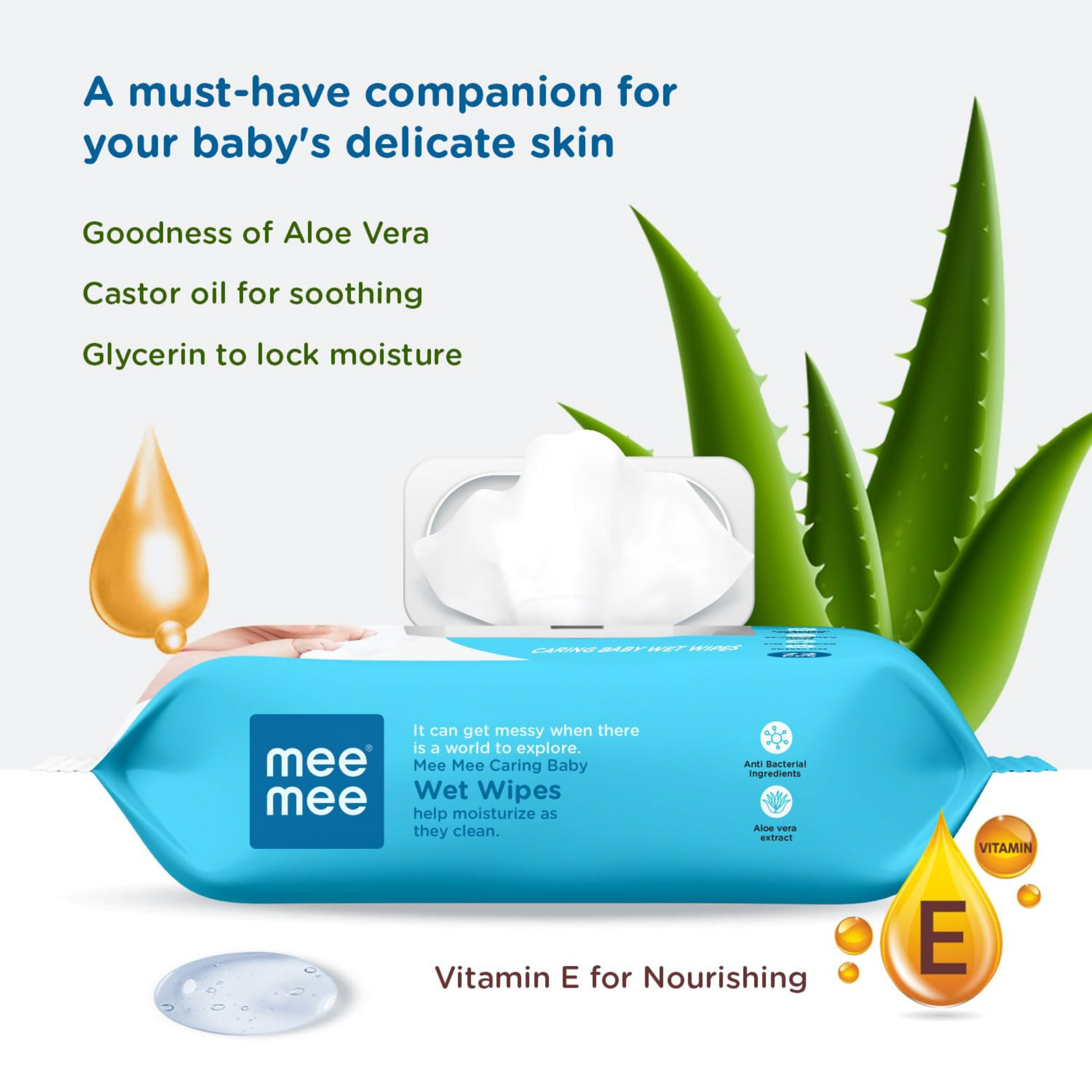 Mee Mee Caring Baby Wet Wipes with Lid (Aloe Vera, 72 Wipes)