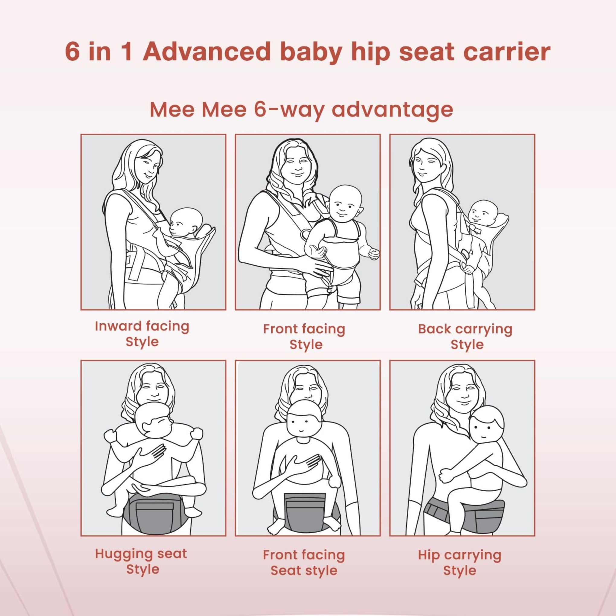 Mee Mee Comfy New Born Baby Carrier With 6 Baby carrying Modes Lightweight & Adjustable | Neck Support Baby Sling Carrier with Padded waist Support and shoulder support straps | safety buckle And Detachable Hip Seat for 0 to 3 Years (Pink)