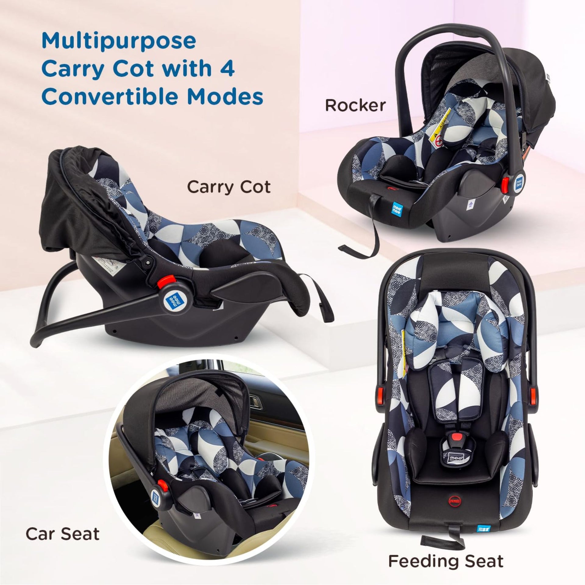 Mee Mee Baby Carry Cot, 4 in 1 Multi Purpose, Infant Car Seat, Rocker for Infant Babies of 0 to 15 Months & Weight Capacity Upto 13 Kgs (Black)