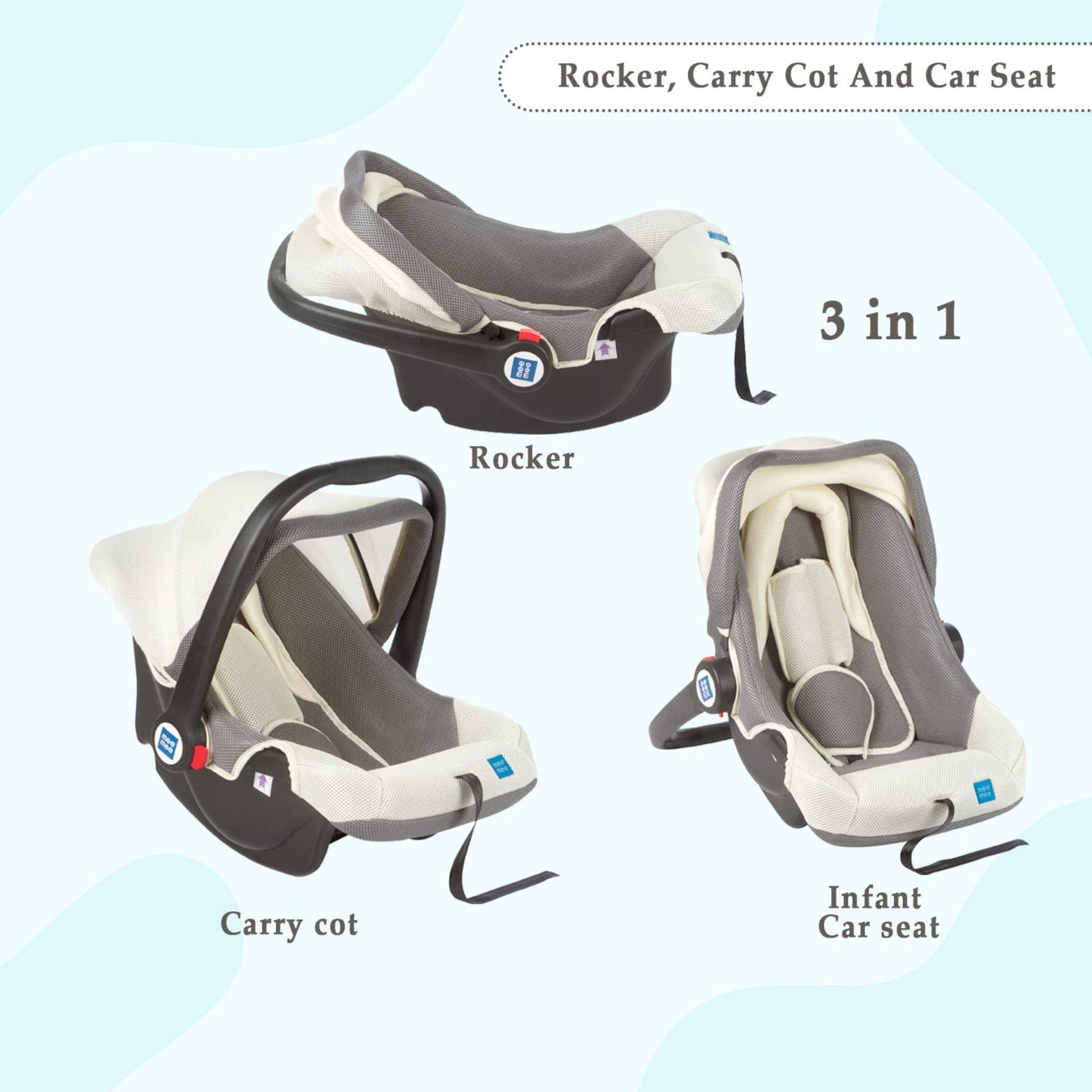 Mee Mee Baby Car Seat Cum Carry Cot with Thick Cushioned Seat (Light Gray)