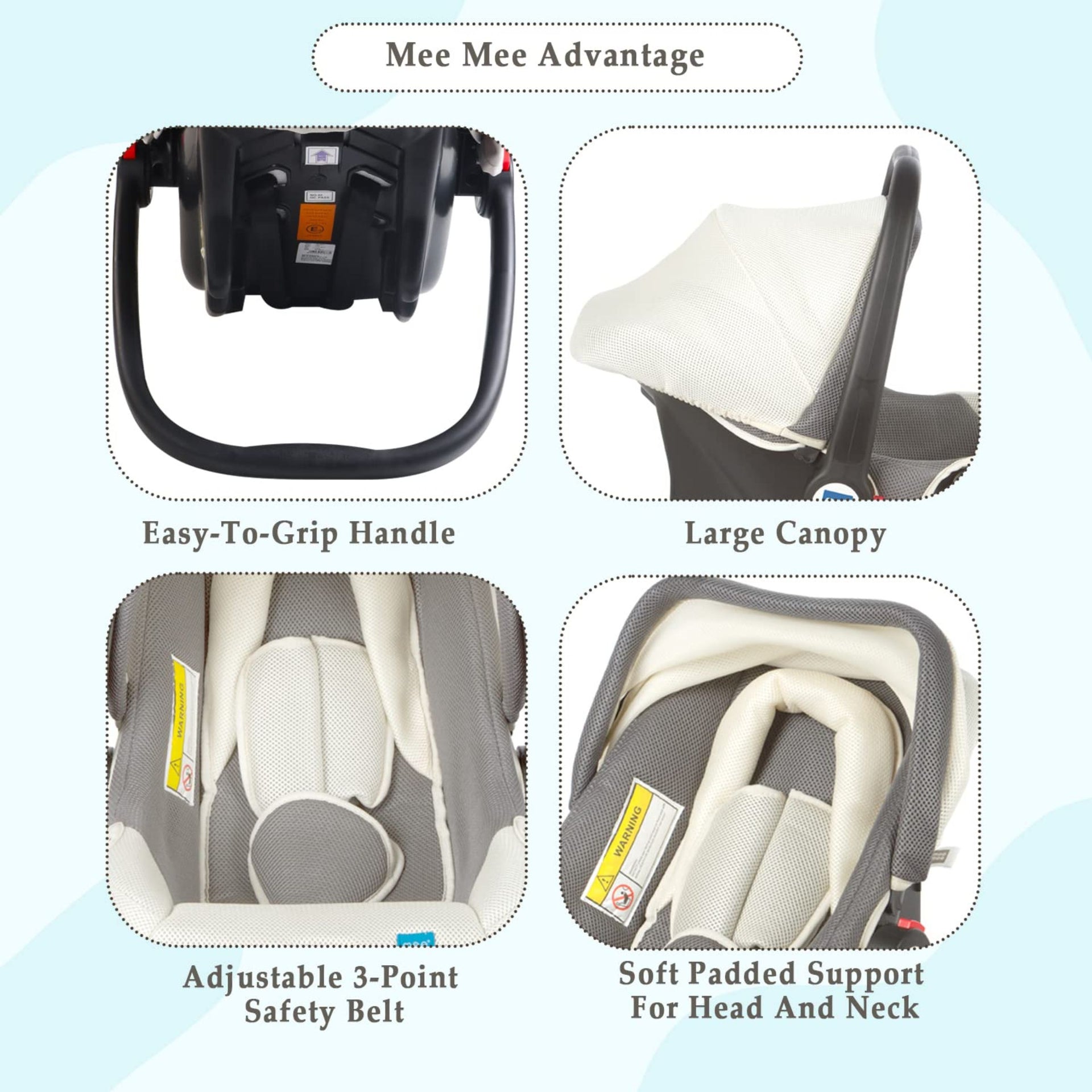 Mee Mee Baby Car Seat Cum Carry Cot with Thick Cushioned Seat (Light Gray)