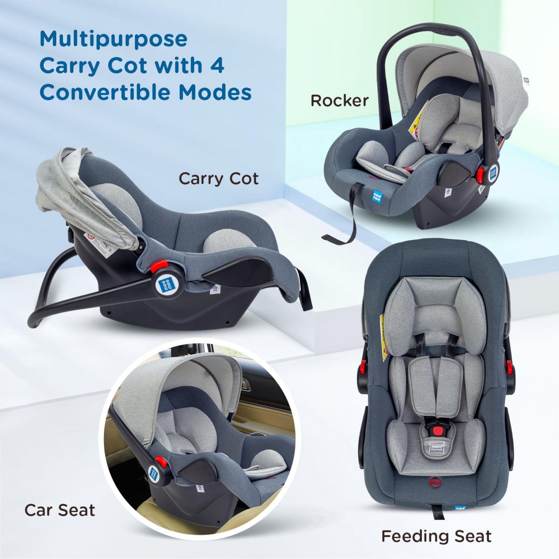 Mee Mee Baby Carry Cot, 4 in 1 Multi Purpose, Infant Car Seat, Rocker for Infant Babies of 0 to 15 Months & Weight Capacity Upto 13 Kgs (Grey)