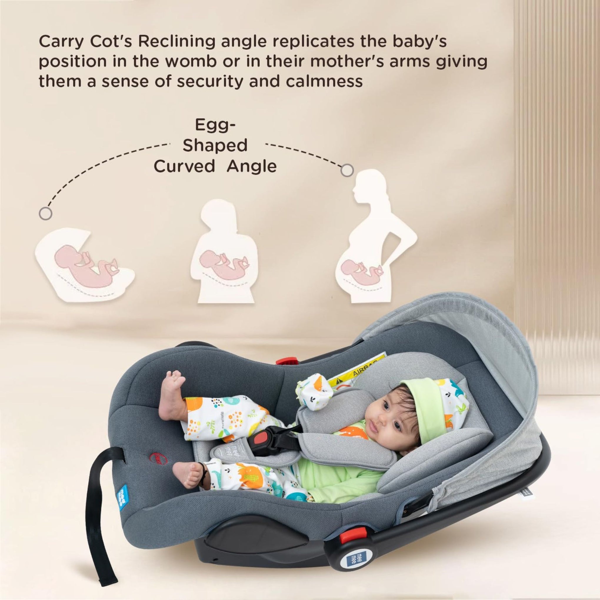 Mee Mee Baby Carry Cot, 4 in 1 Multi Purpose, Infant Car Seat, Rocker for Infant Babies of 0 to 15 Months & Weight Capacity Upto 13 Kgs (Grey)