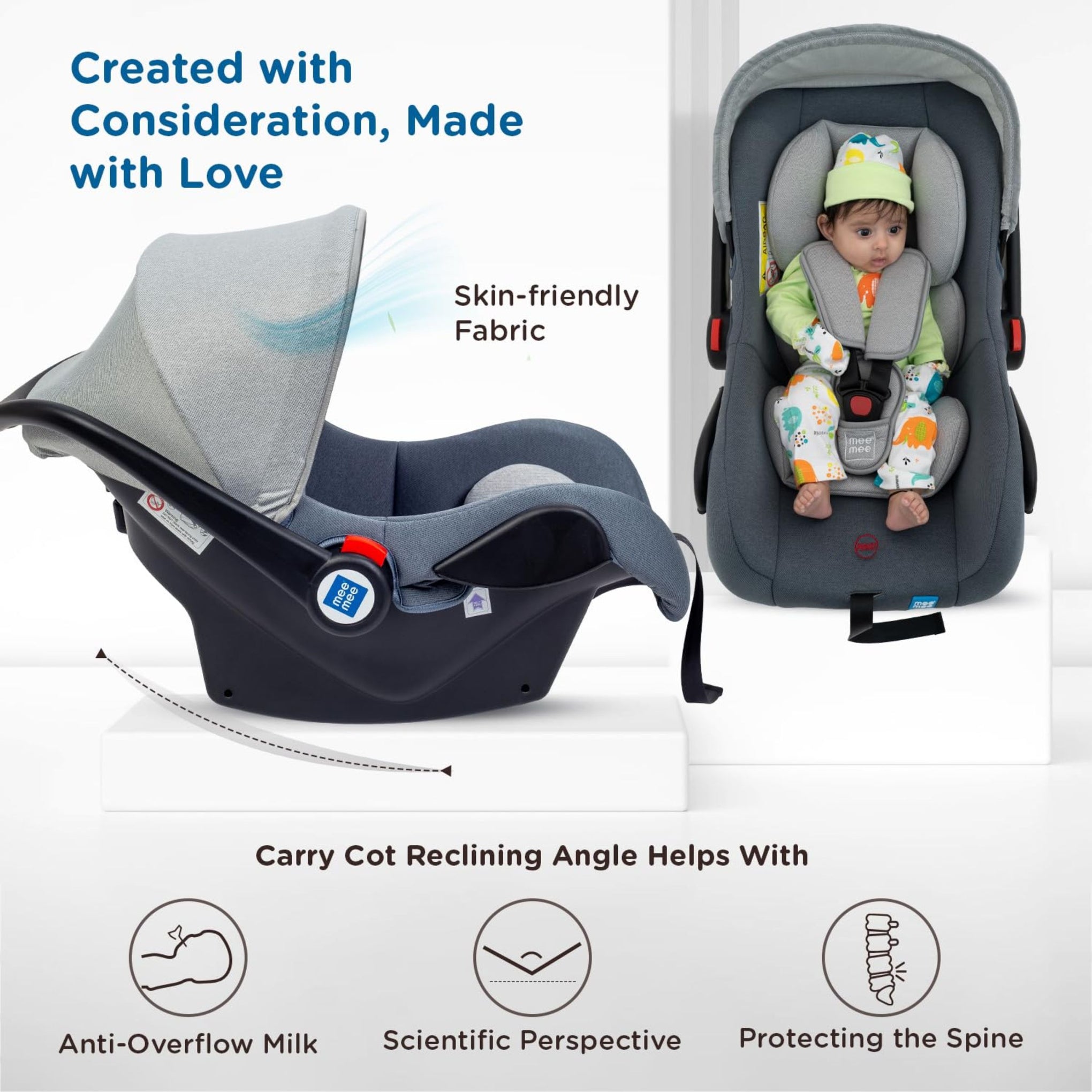 Mee Mee Baby Carry Cot, 4 in 1 Multi Purpose, Infant Car Seat, Rocker for Infant Babies of 0 to 15 Months & Weight Capacity Upto 13 Kgs (Grey)