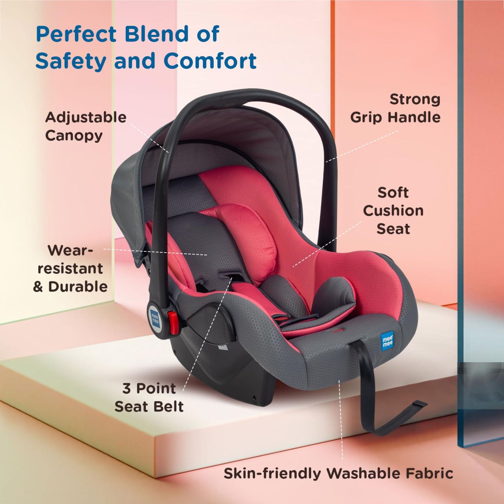 Mee Mee Baby Carry Cot, 4 in 1 Multi Purpose, Infant Car Seat, Rocker for Infant Babies of 0 to 15 Months & Weight Capacity Upto 13 Kgs (Pink)