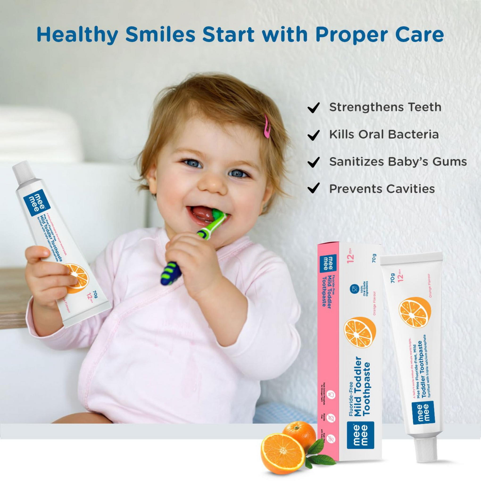 Mee Mee Fluoride-Free Toothpaste Fortified with Triple Calcium Phosphate, Orange Flavor, Cavity Protection 3+ years (70 gram)