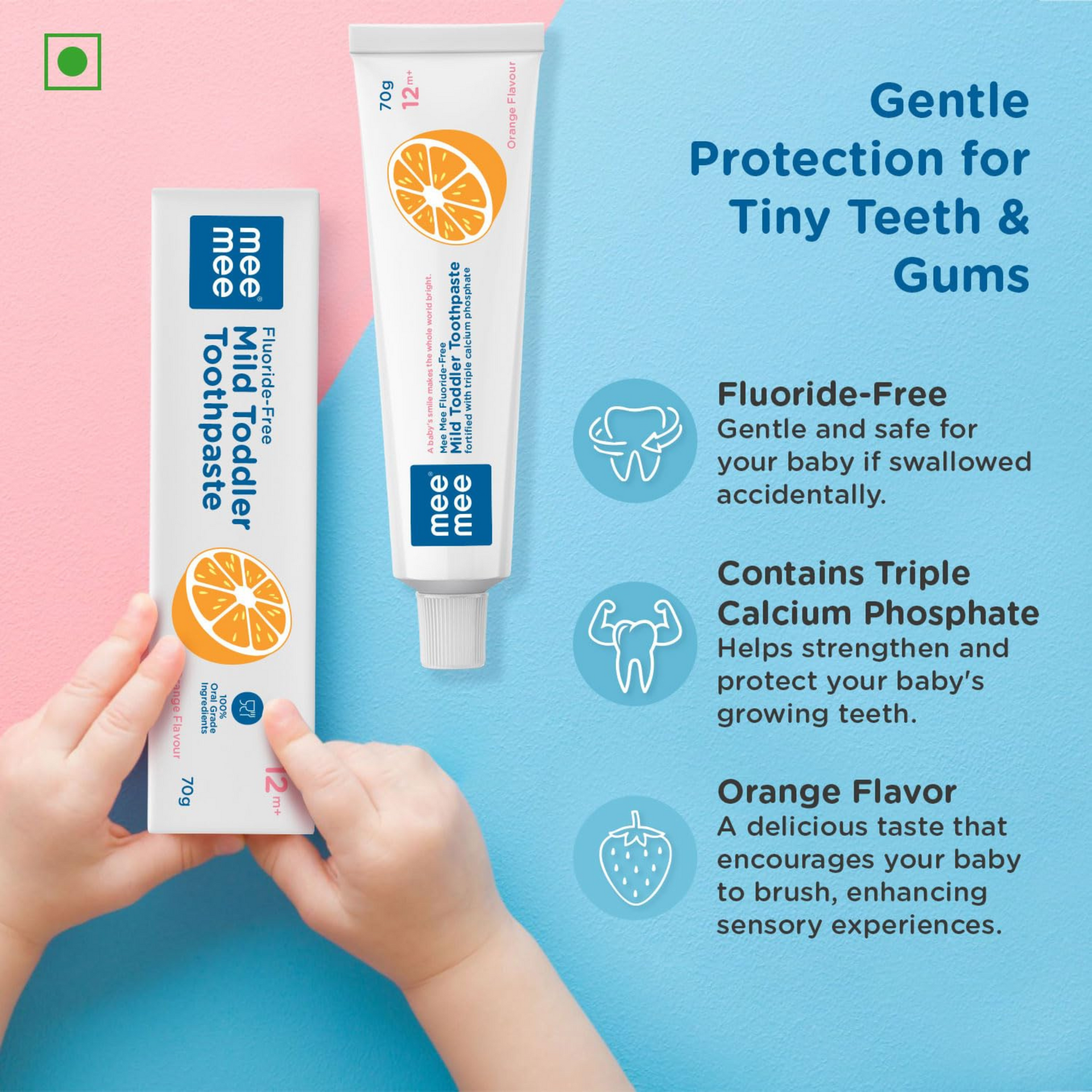 Mee Mee Fluoride-Free Toothpaste Fortified with Triple Calcium Phosphate, Orange Flavor, Cavity Protection 3+ years (70 gram)