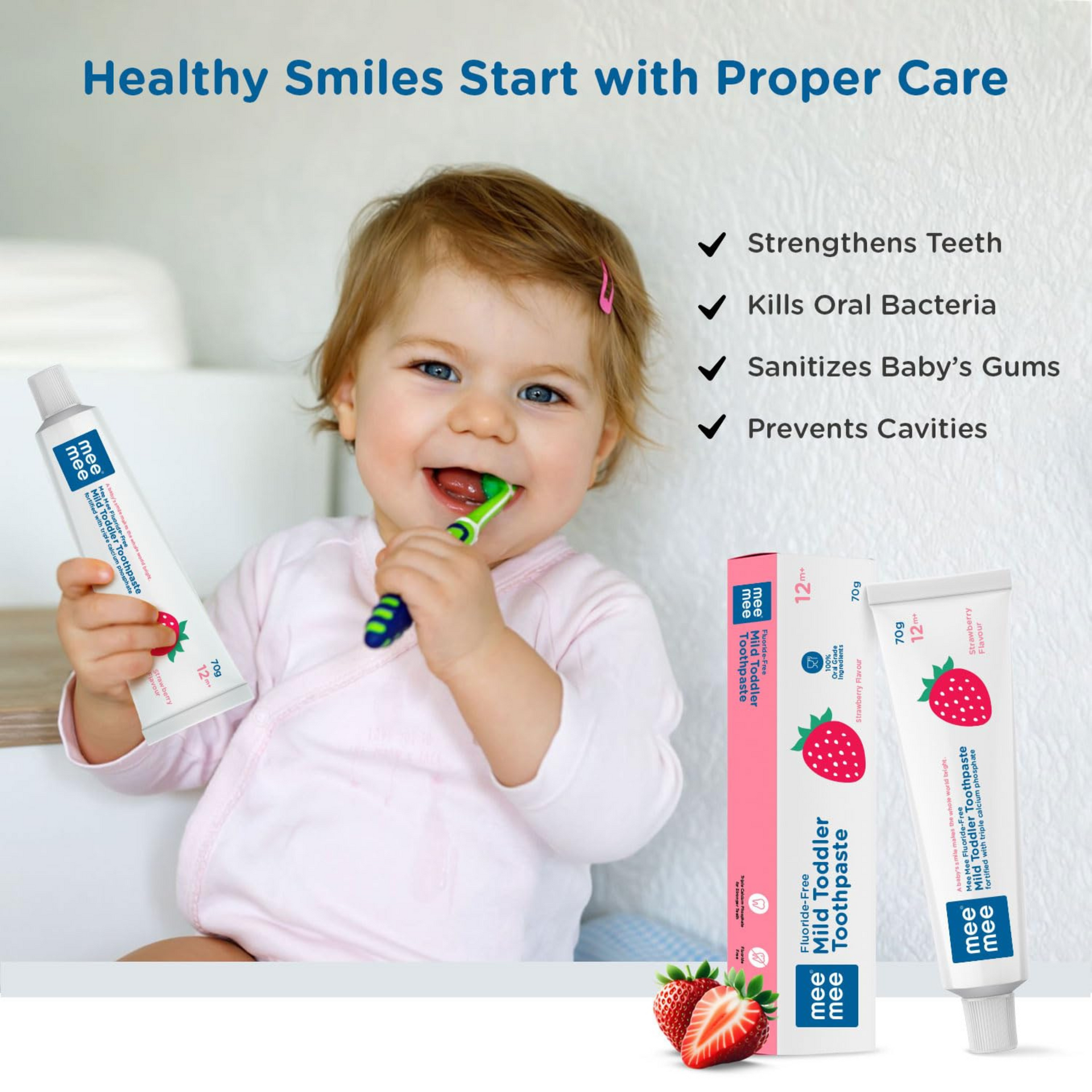 Mee Mee Baby Toothpaste Fluoride Free 70 Gram | Strawberry Flavour Toothpaste For Babies & Toddlers of 1 to 5 Years For cavity Protection, Oral Care (Pack of 1)