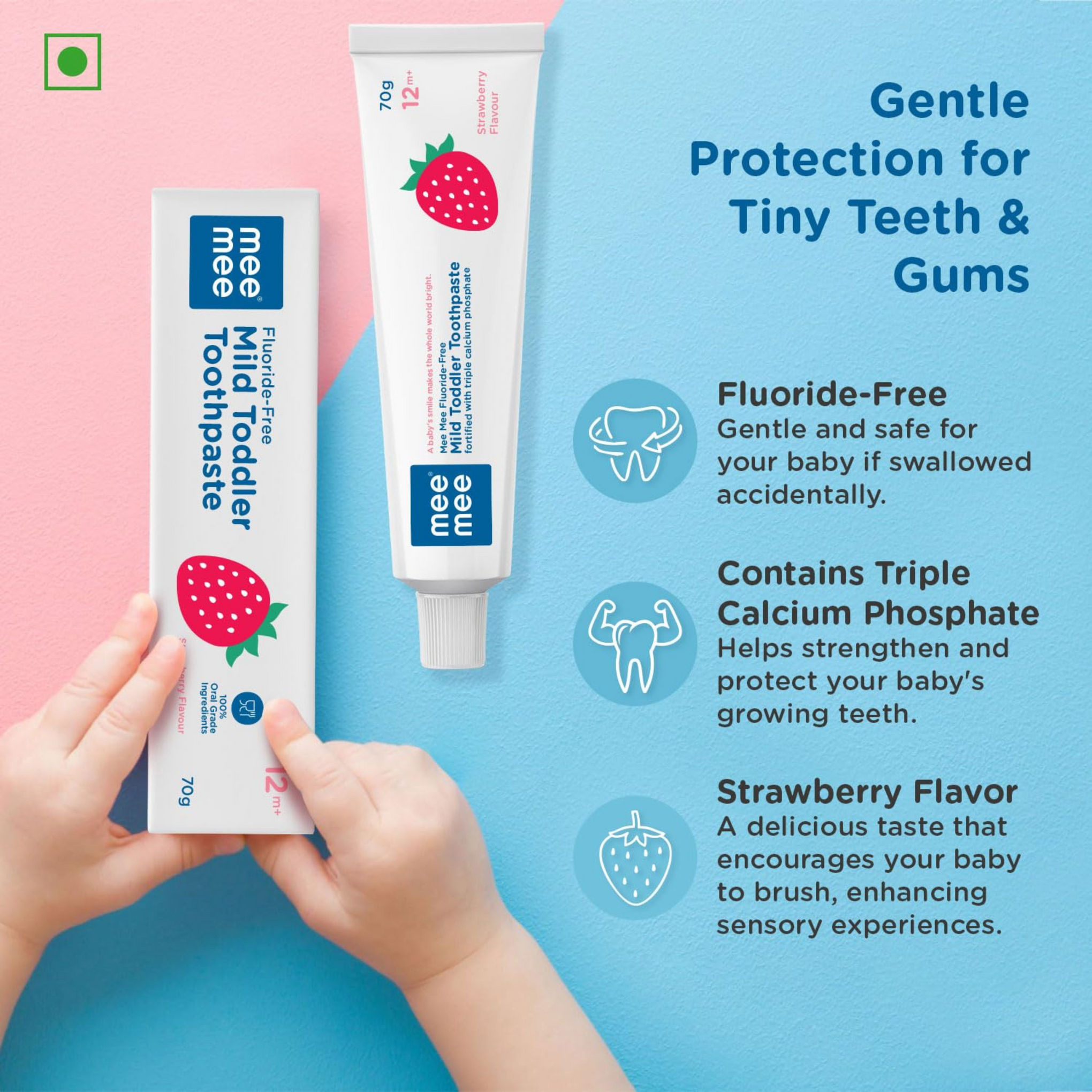 Mee Mee Baby Toothpaste Fluoride Free 70 Gram | Strawberry Flavour Toothpaste For Babies & Toddlers of 1 to 5 Years For cavity Protection, Oral Care (Pack of 1)