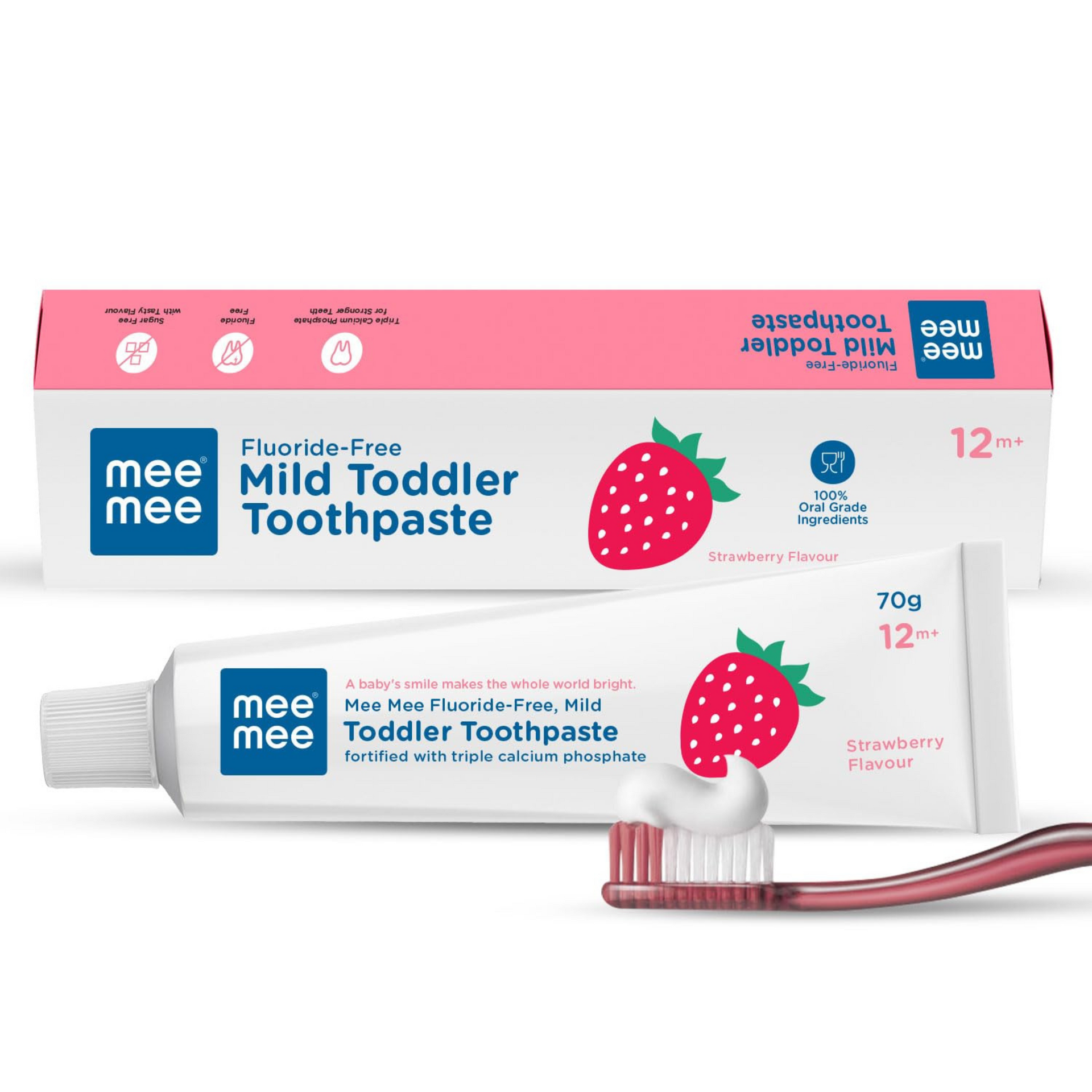 Mee Mee Baby Toothpaste Fluoride Free 70 Gram | Strawberry Flavour Toothpaste For Babies & Toddlers of 1 to 5 Years For cavity Protection, Oral Care (Pack of 1)