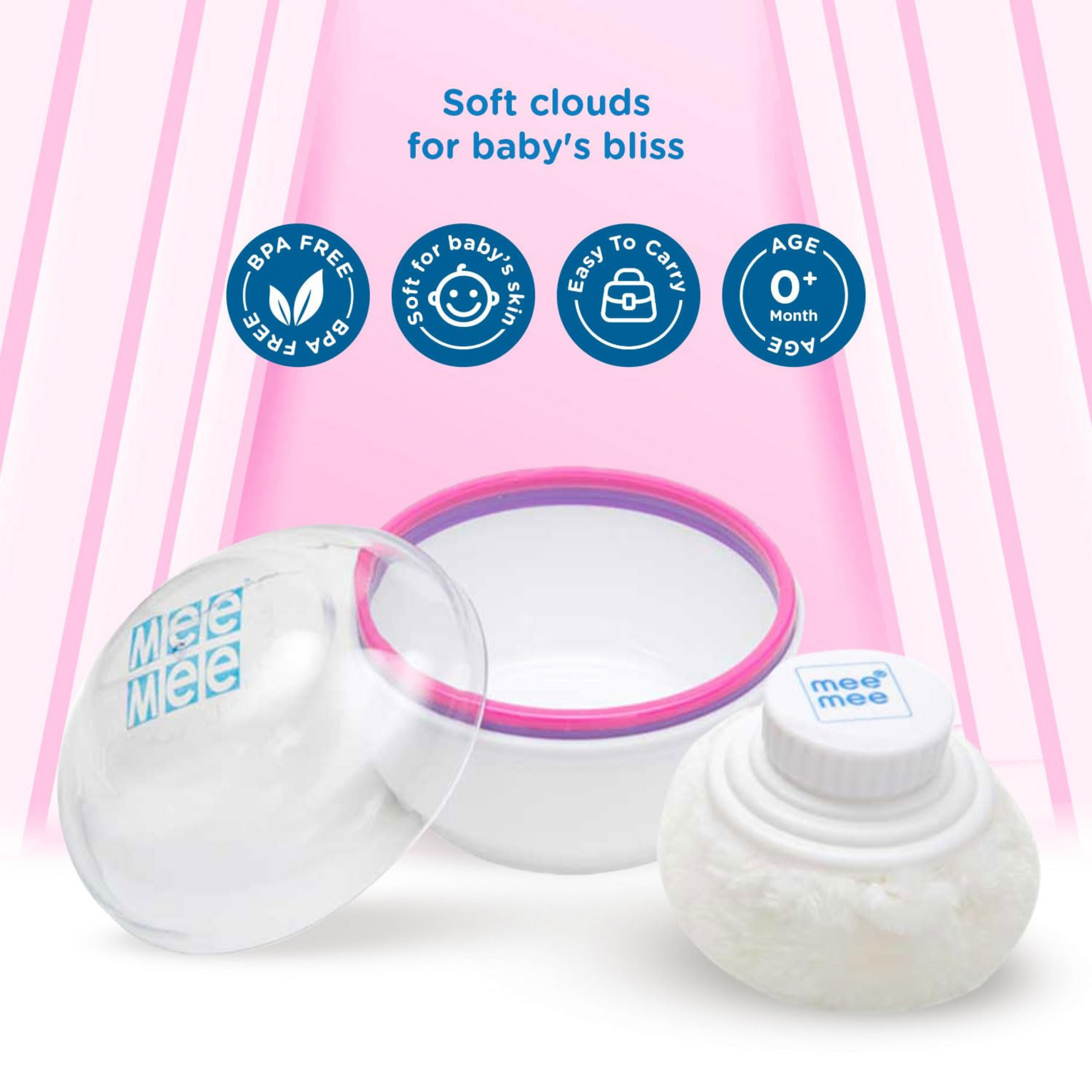 Mee Mee Soft-Feel Blue Powder Puff with with Box Holder Container for New Born and Kids | Gentle Touch for Your Little One's Skin | BPA-Free (Single Pack)