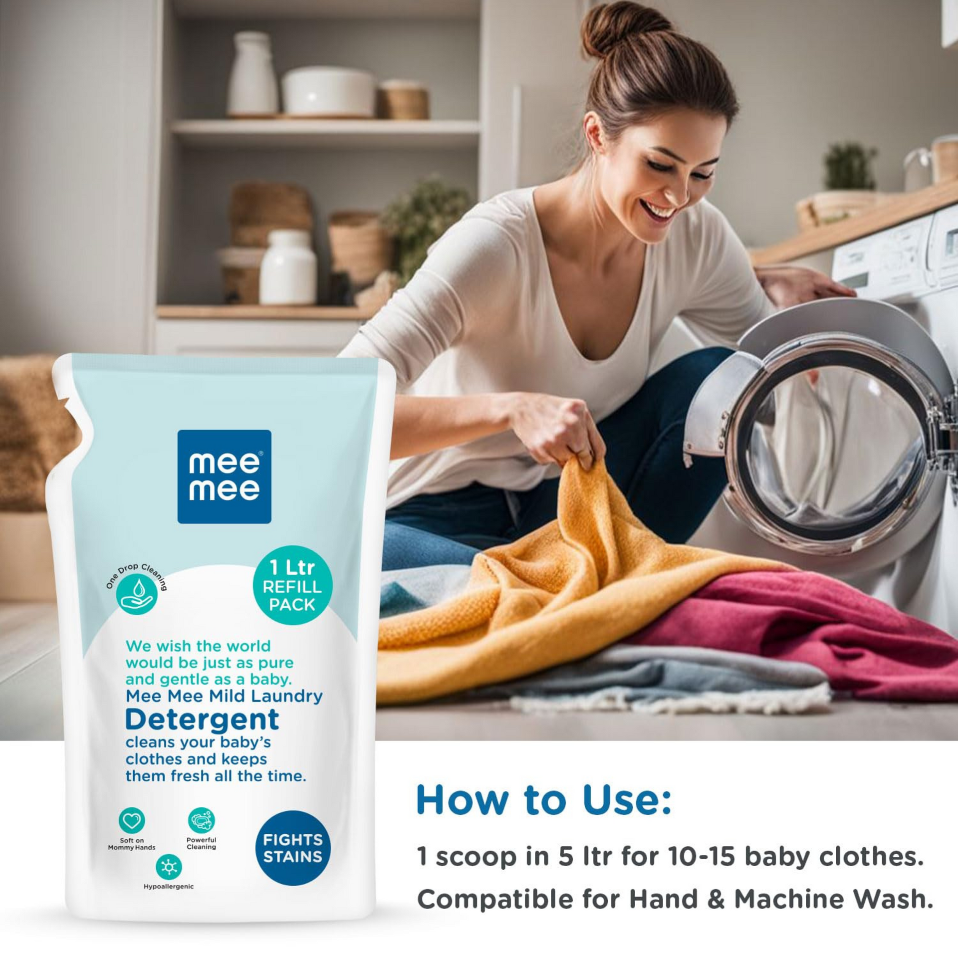 Mee Mee Baby Liquid Detergent 1.2 L | Ph balanced, Free from Harsh Chemicals, Safe for mother's hands & baby's skin | Anti-Bacterial, Removes Stains & Odor with One Drop, Hypoallergenic