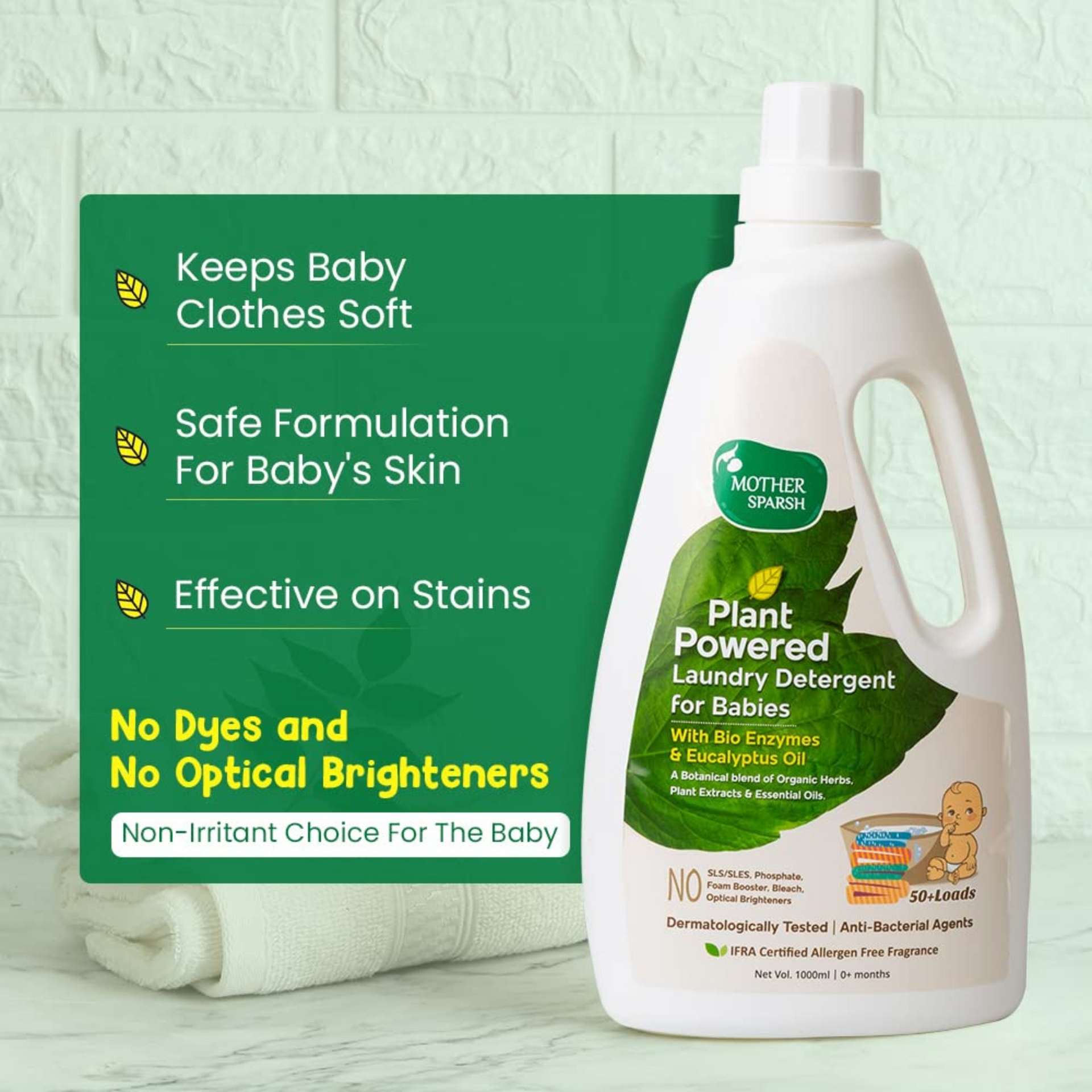 Mother Sparsh Plant Powered Baby Laundry Liquid Detergent With Bio - Enzymes and Eucalyptus Oil | Without Dyes & Optical Brighteners -1 Litre