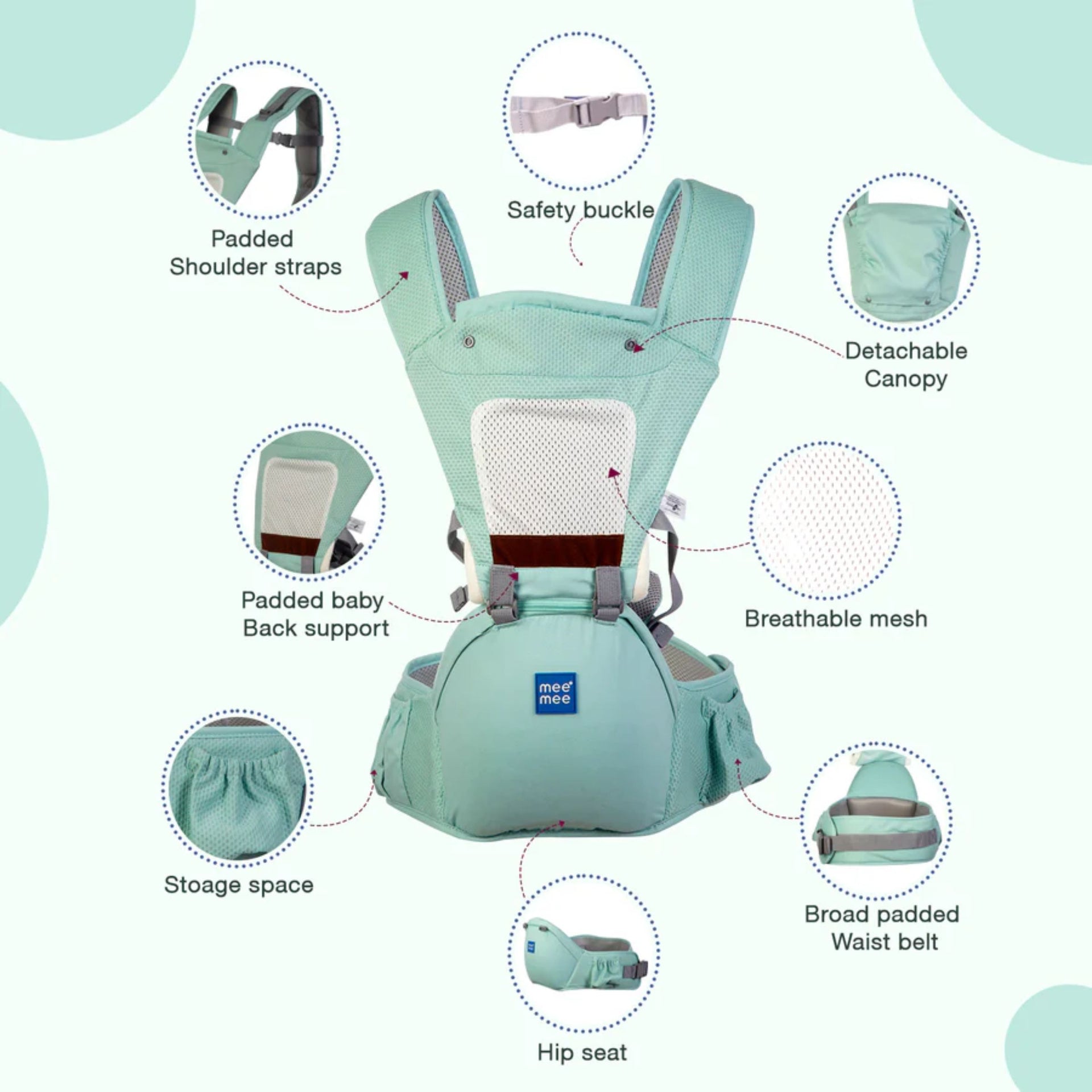 Mee Mee Comfy New Born Baby Carrier With 6 Baby carrying Modes Lightweight & Adjustable | Neck Support Baby Sling Carrier with Padded waist Support and shoulder support straps | safety buckle And Detachable Hip Seat for 0 to 3 Years (Green)