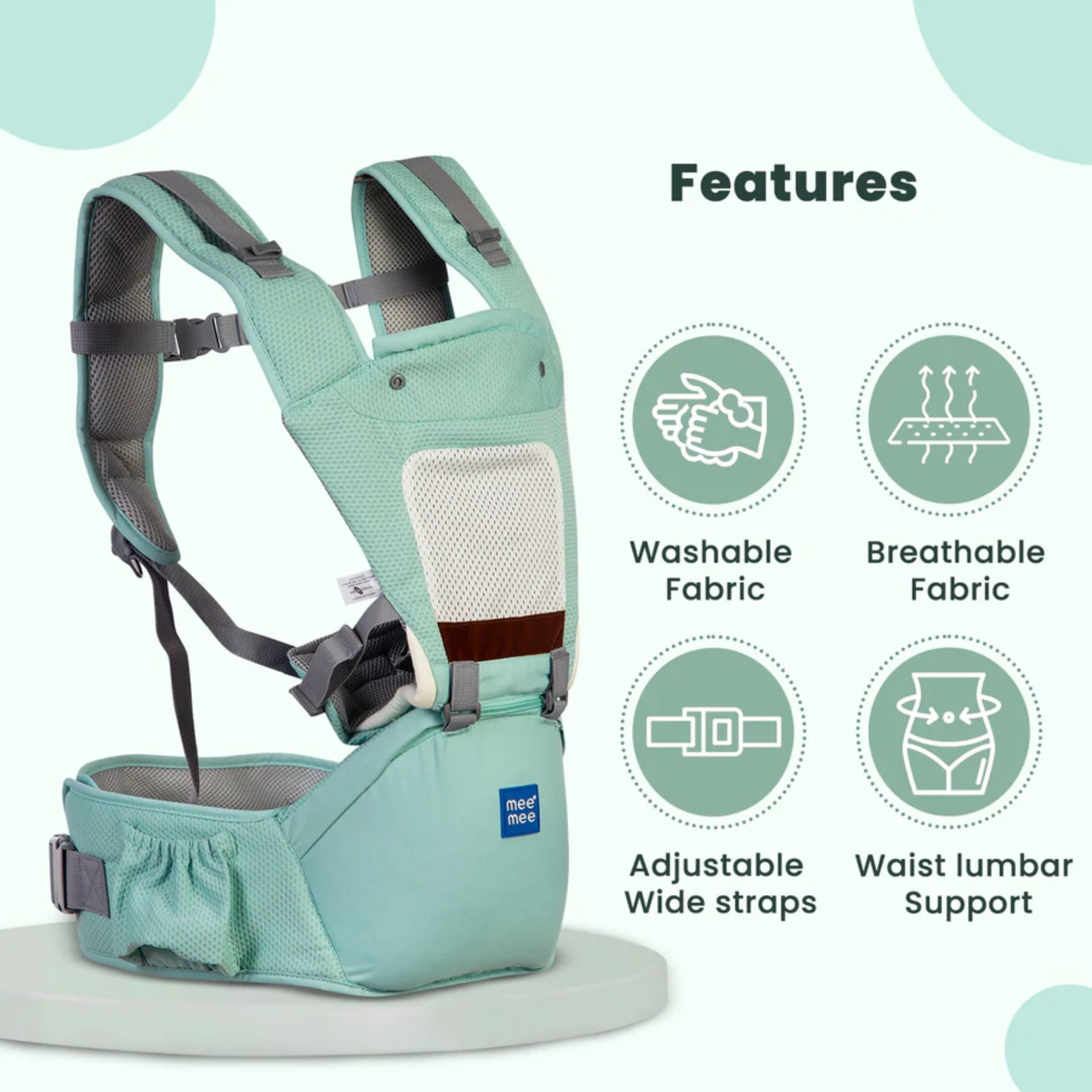 Mee Mee Comfy New Born Baby Carrier With 6 Baby carrying Modes Lightweight & Adjustable | Neck Support Baby Sling Carrier with Padded waist Support and shoulder support straps | safety buckle And Detachable Hip Seat for 0 to 3 Years (Green)