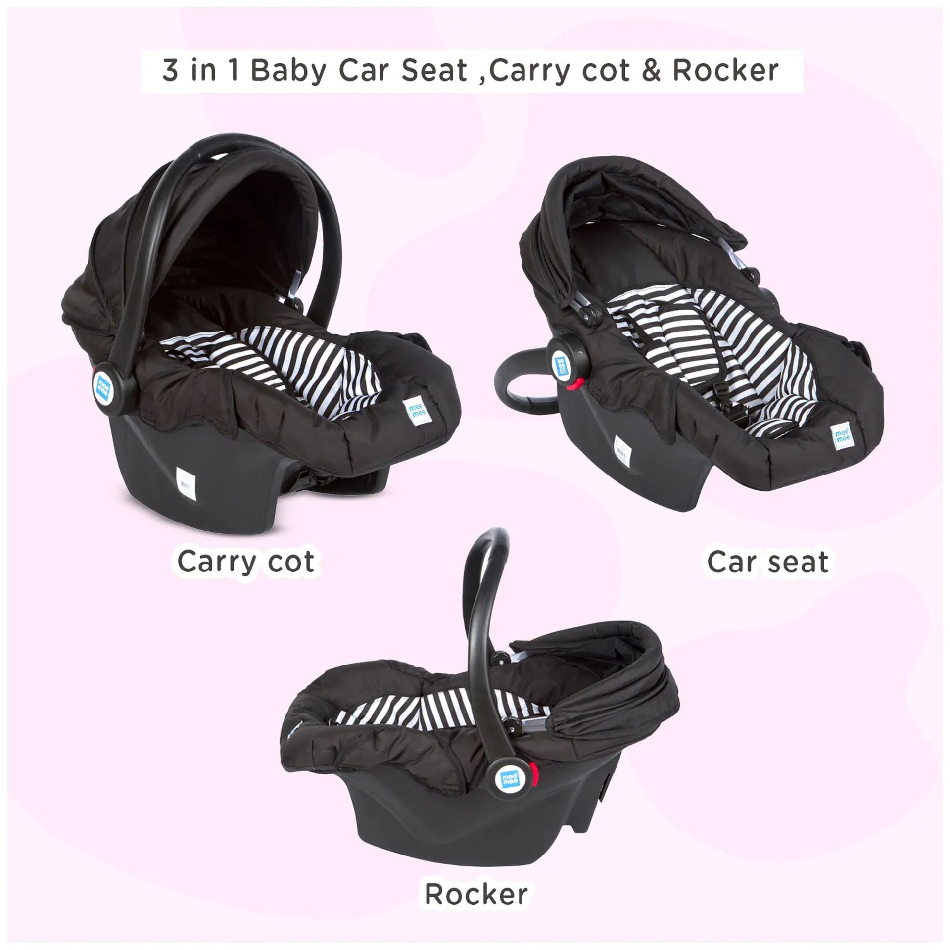 Mee Mee Baby Carry Cot, Car Seat & Rocking Chair with Soft Pada Cushion For Age 0 to 2 Years, Safe & Certified, 3 Reclining Position, 3 Point Adjustable Safety Belt, Weight Capacity Upto 14 Kgs(Black)